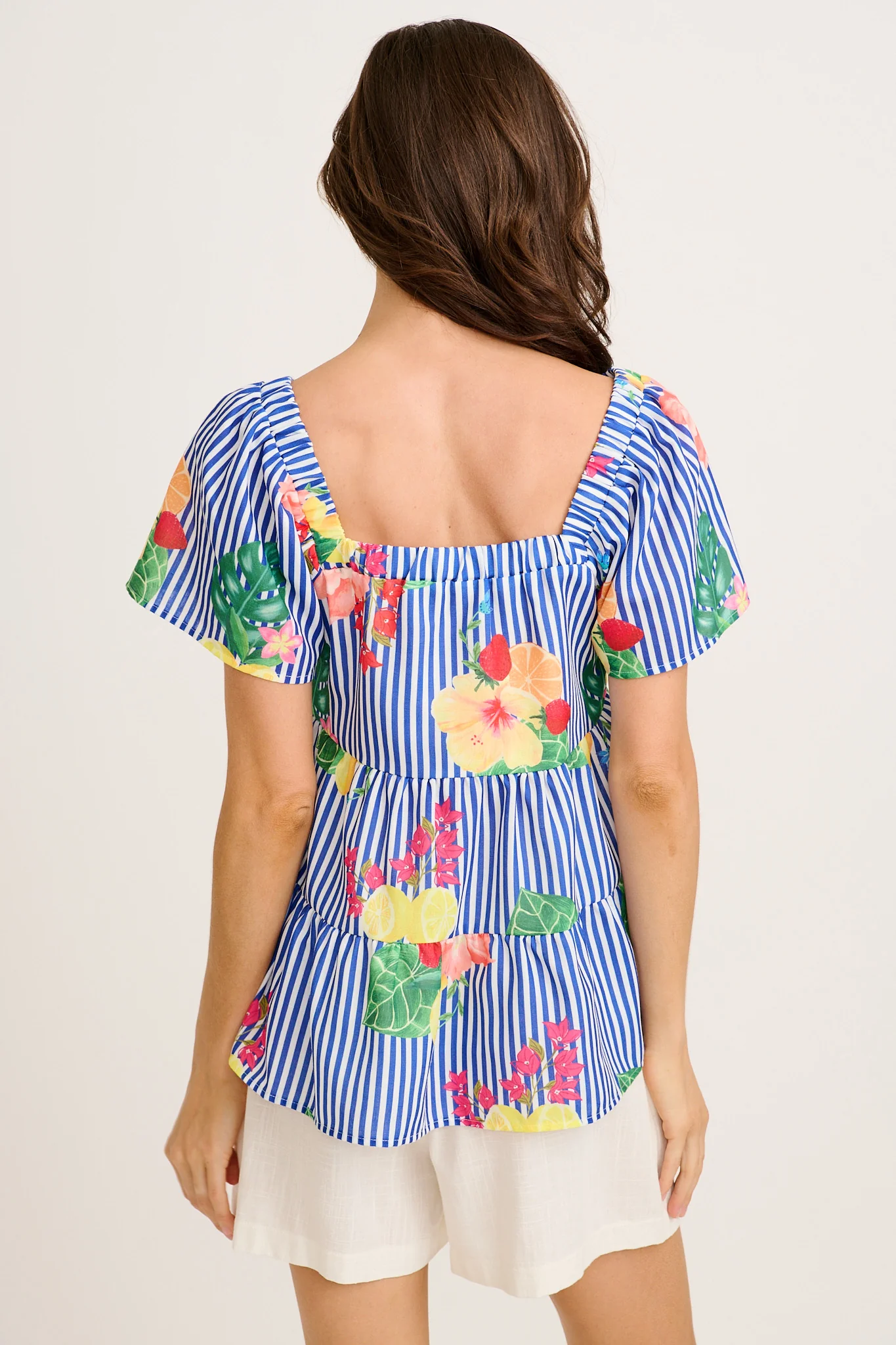 Jemma Off Shoulder Top in Blue Stripe Print Linen Blend - Image 8