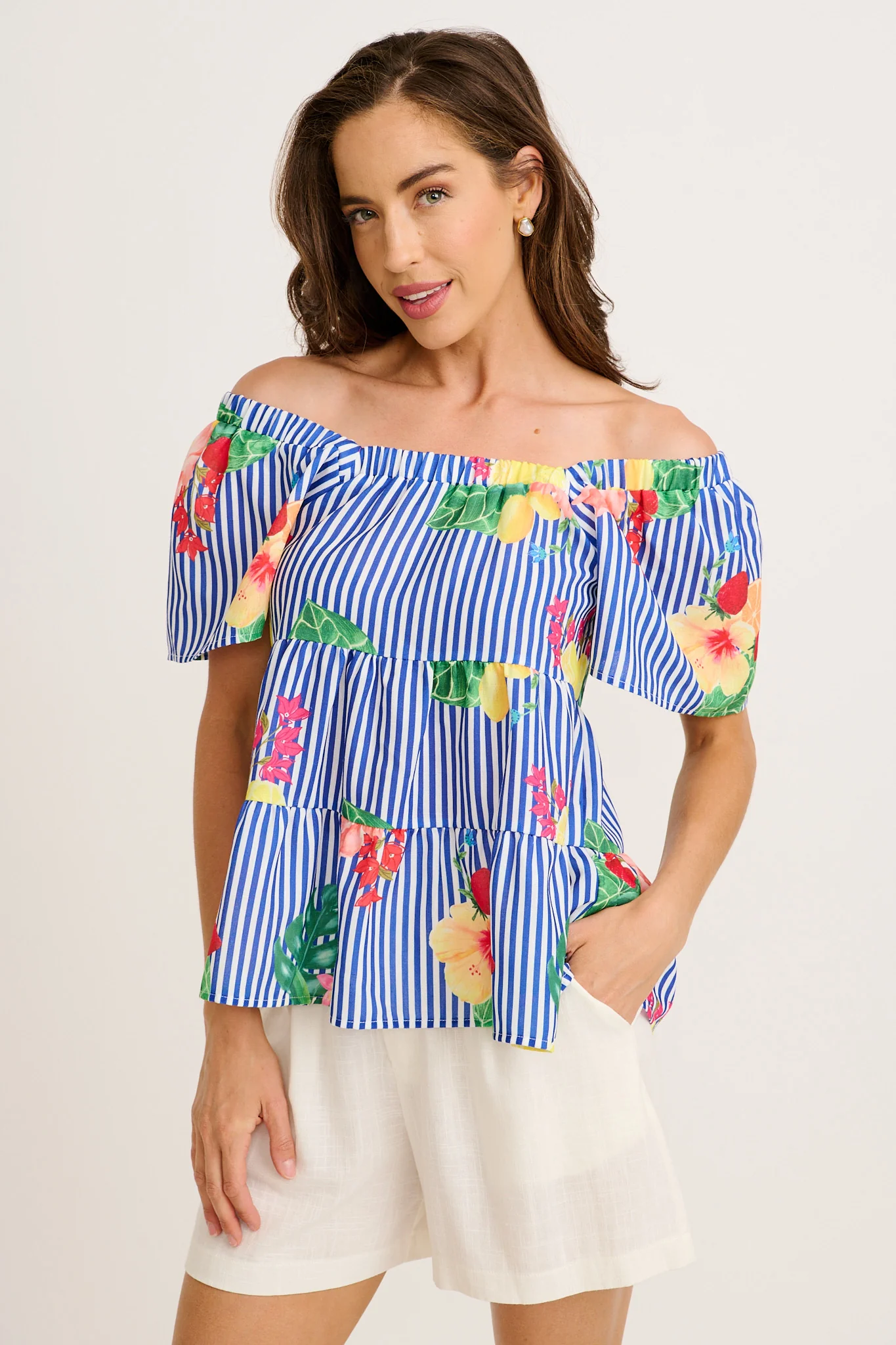 Jemma Off Shoulder Top in Blue Stripe Print Linen Blend - Image 9