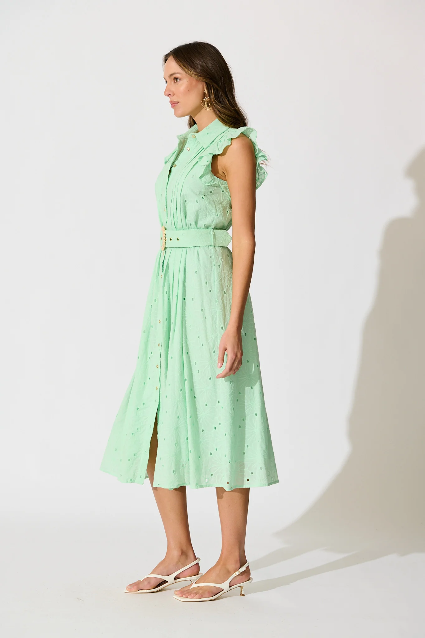 Jepson Midi Shirt Dress in Mint Broderie Cotton - Image 3