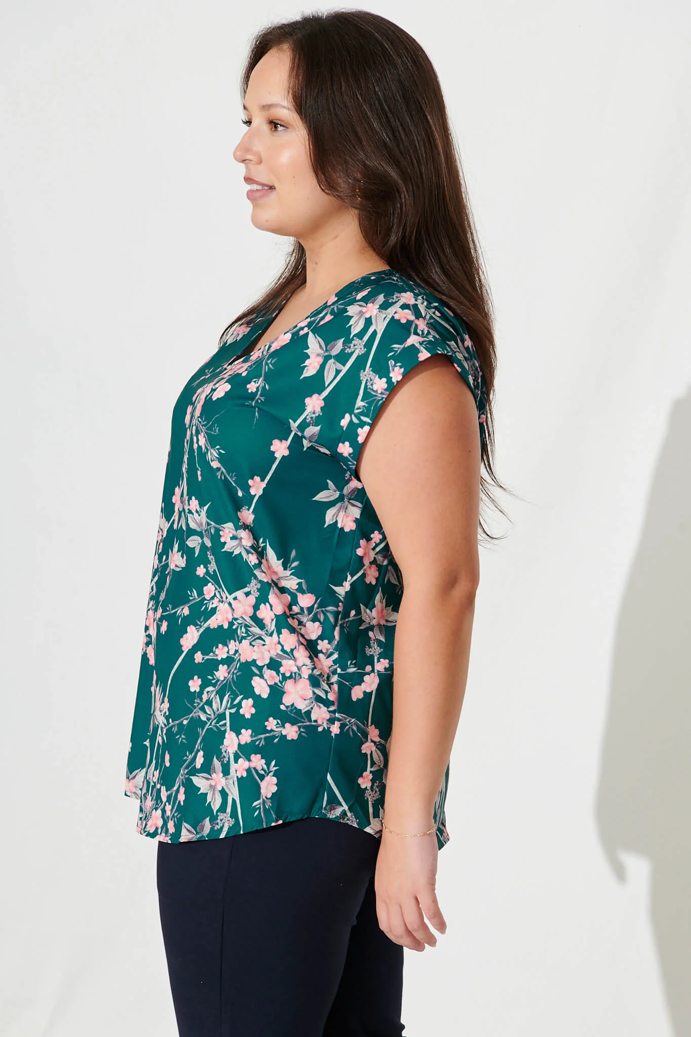 Jina Top In Teal With Pink Cherry Blossom - Image 7