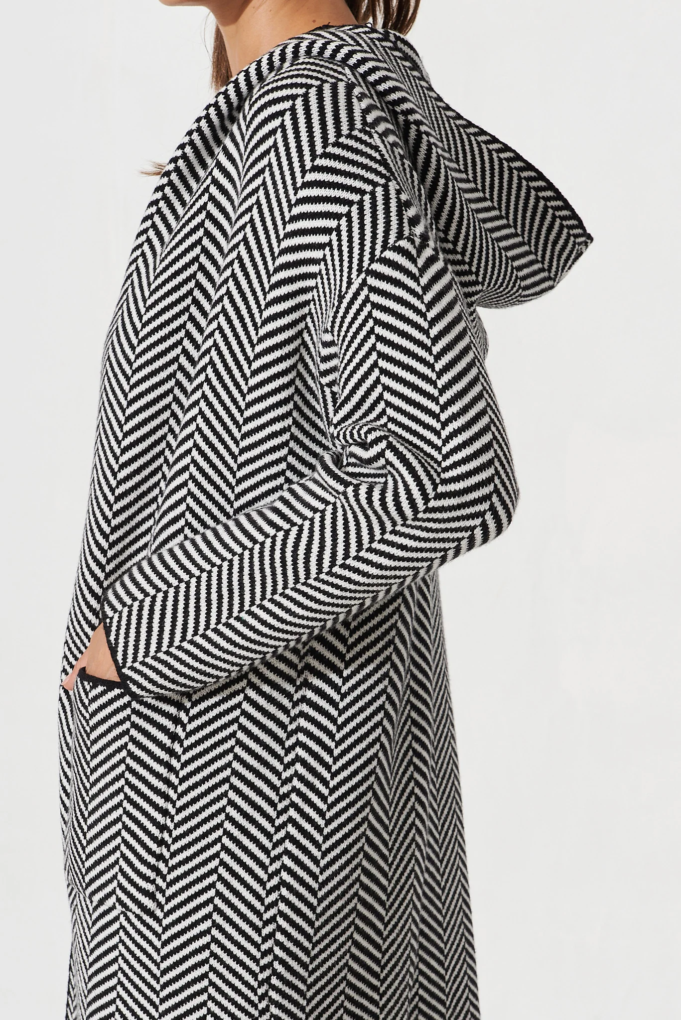 Jora Knit Hood Cardigan In Black With Herringbone Wool Blend - Image 5