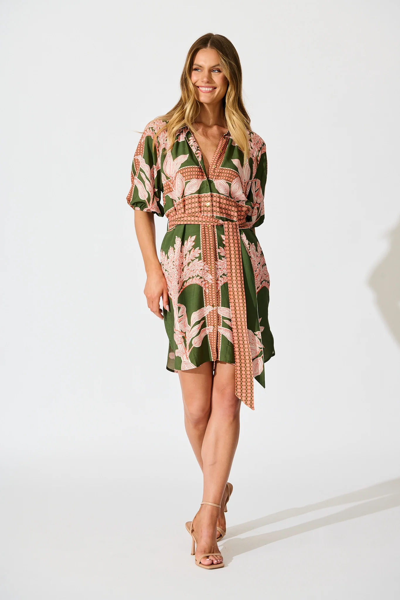 Jordana Shirt Dress in Khaki Placement Print