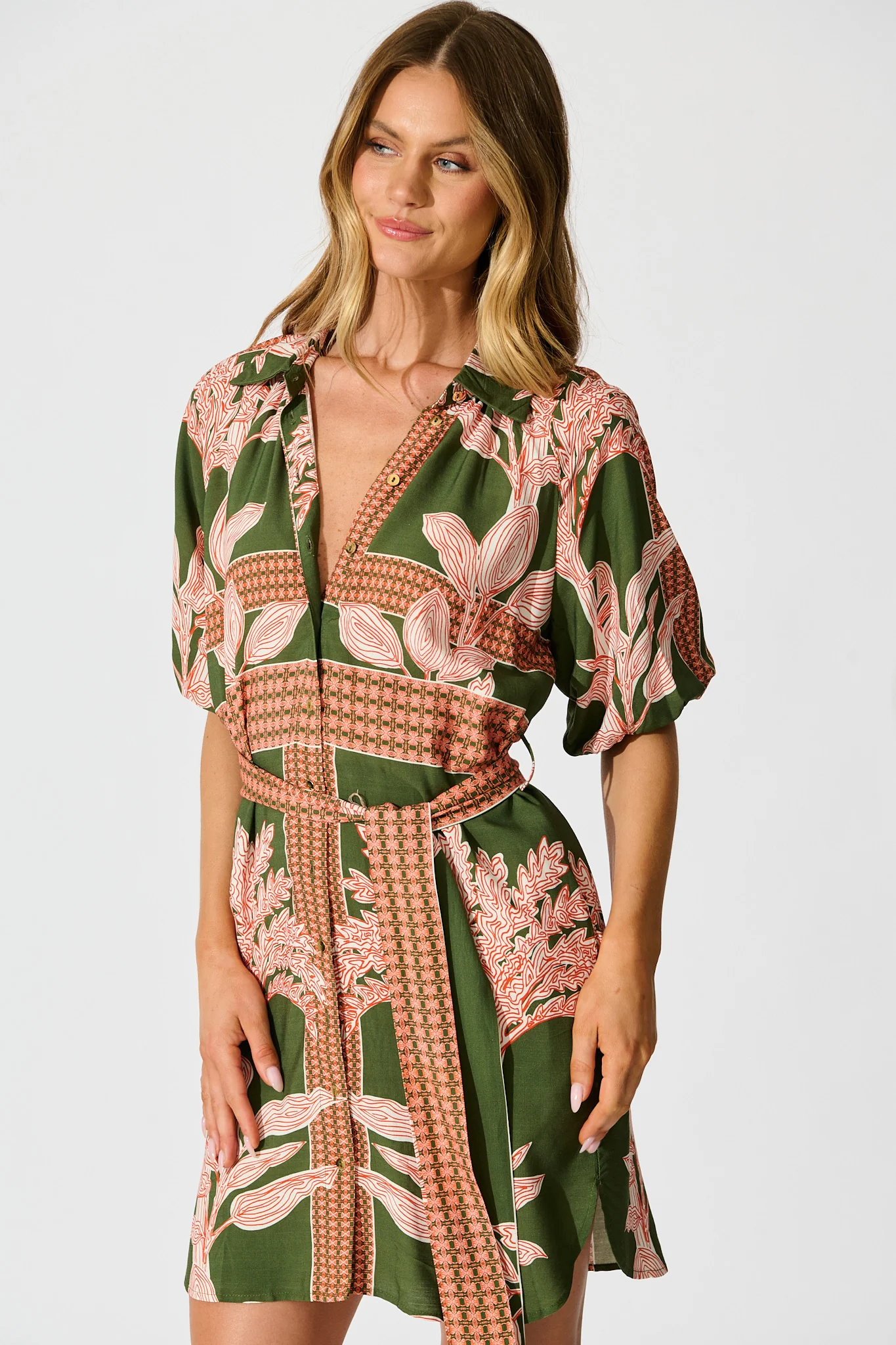 Jordana Shirt Dress in Khaki Placement Print - Image 2