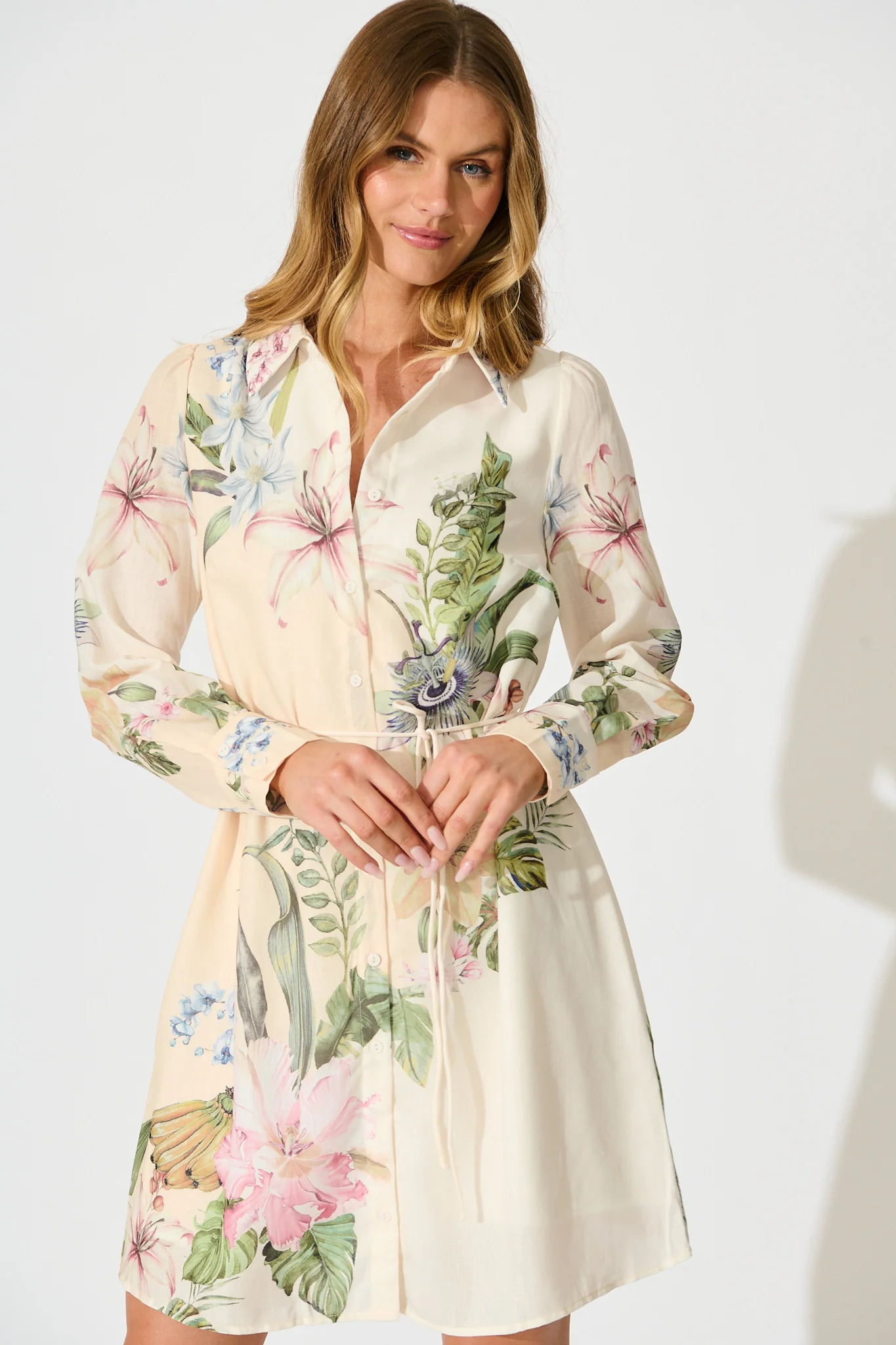 Josiana Shirt Dress in Cream with Green Floral Linen Blend - Image 2