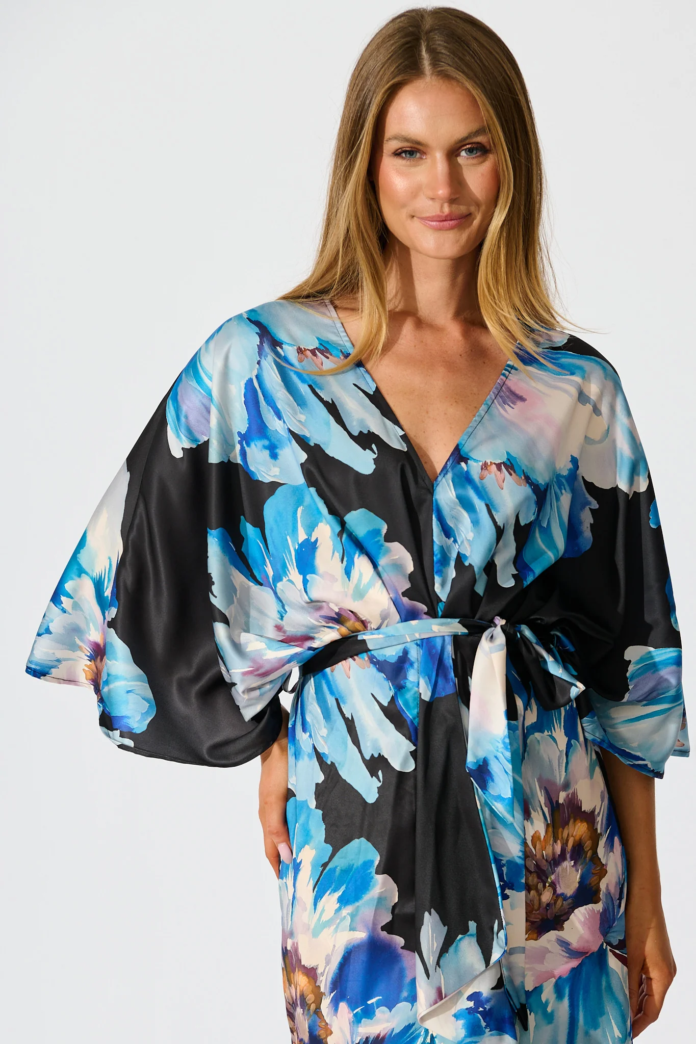 Joyful Midi Dress in Black with Blue Floral Satin - Image 2