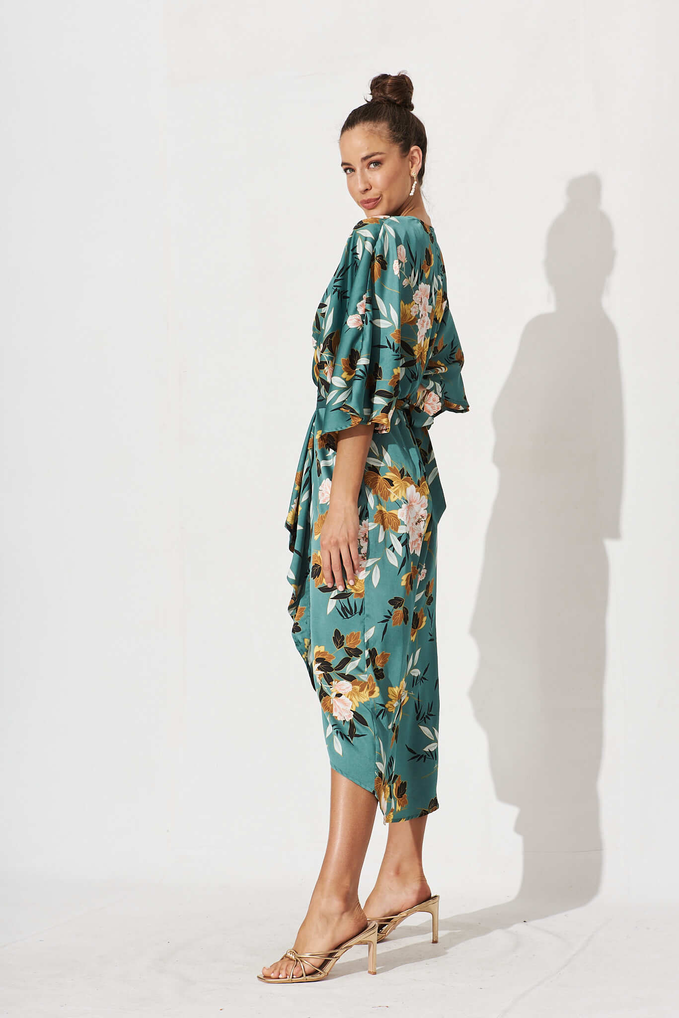Joyful Midi Dress In Green With Blush Floral Satin - Image 4