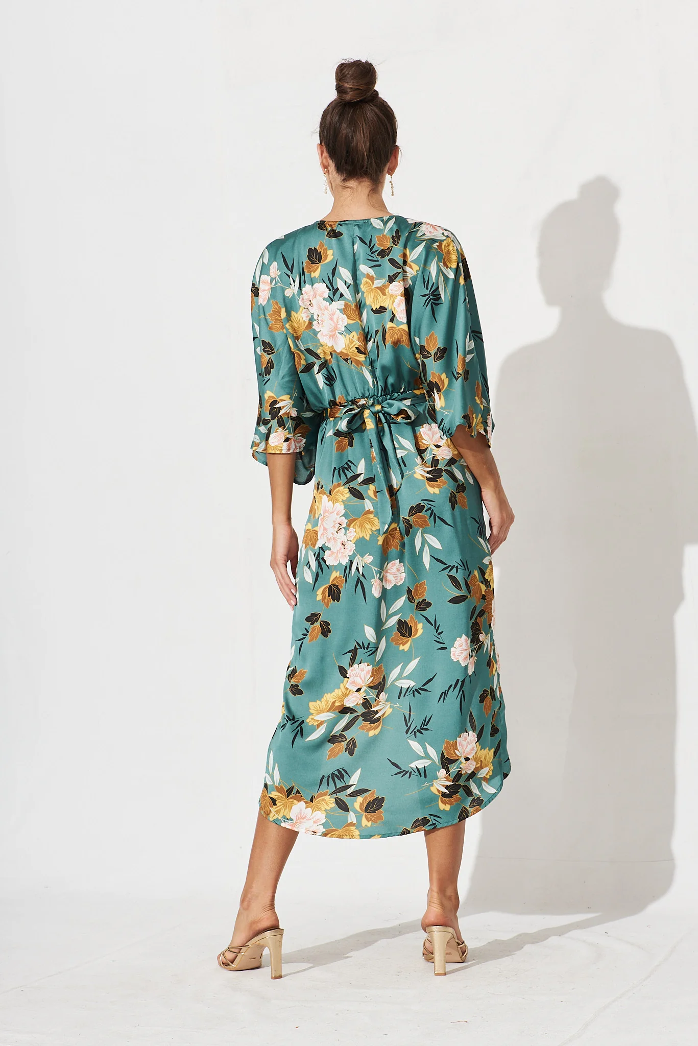 Joyful Midi Dress In Green With Blush Floral Satin - Image 5
