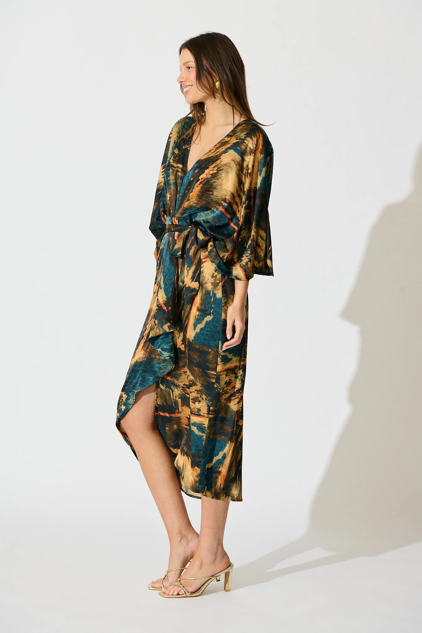 Joyful Midi Dress in Teal Multi Watercolour Satin - Image 3