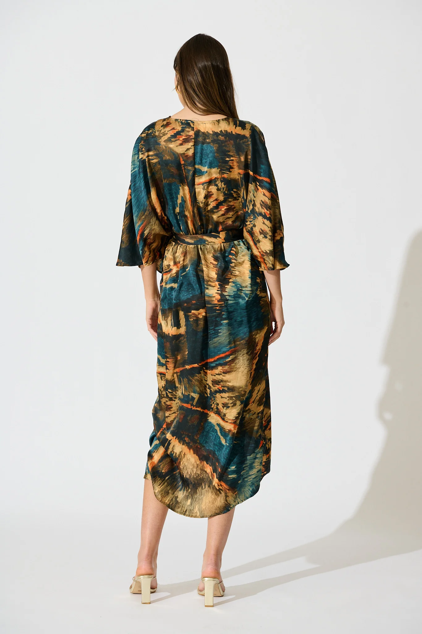 Joyful Midi Dress in Teal Multi Watercolour Satin - Image 4