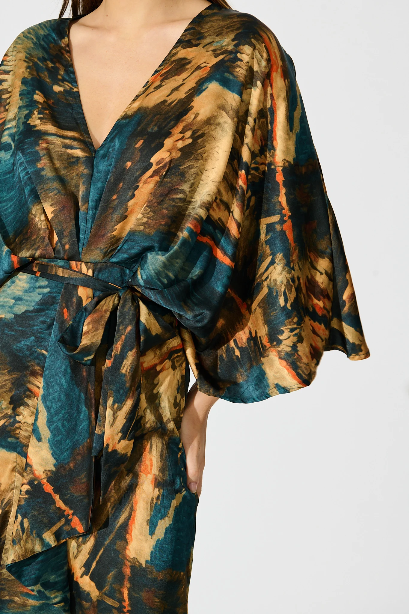 Joyful Midi Dress in Teal Multi Watercolour Satin - Image 5