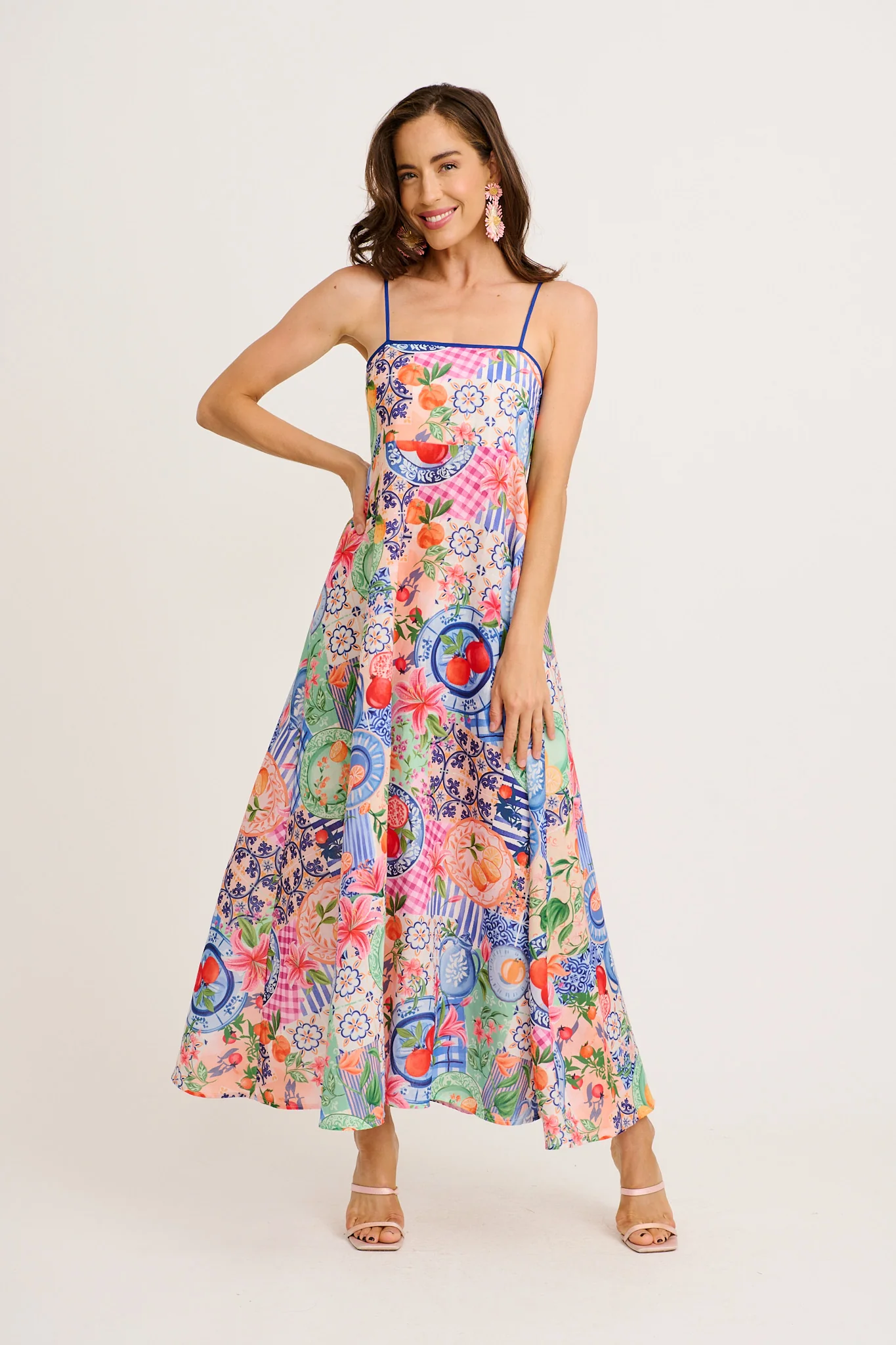 Juicy Tropic Maxi Sundress in Multi Fruit Patchwork Linen Blend - Image 3