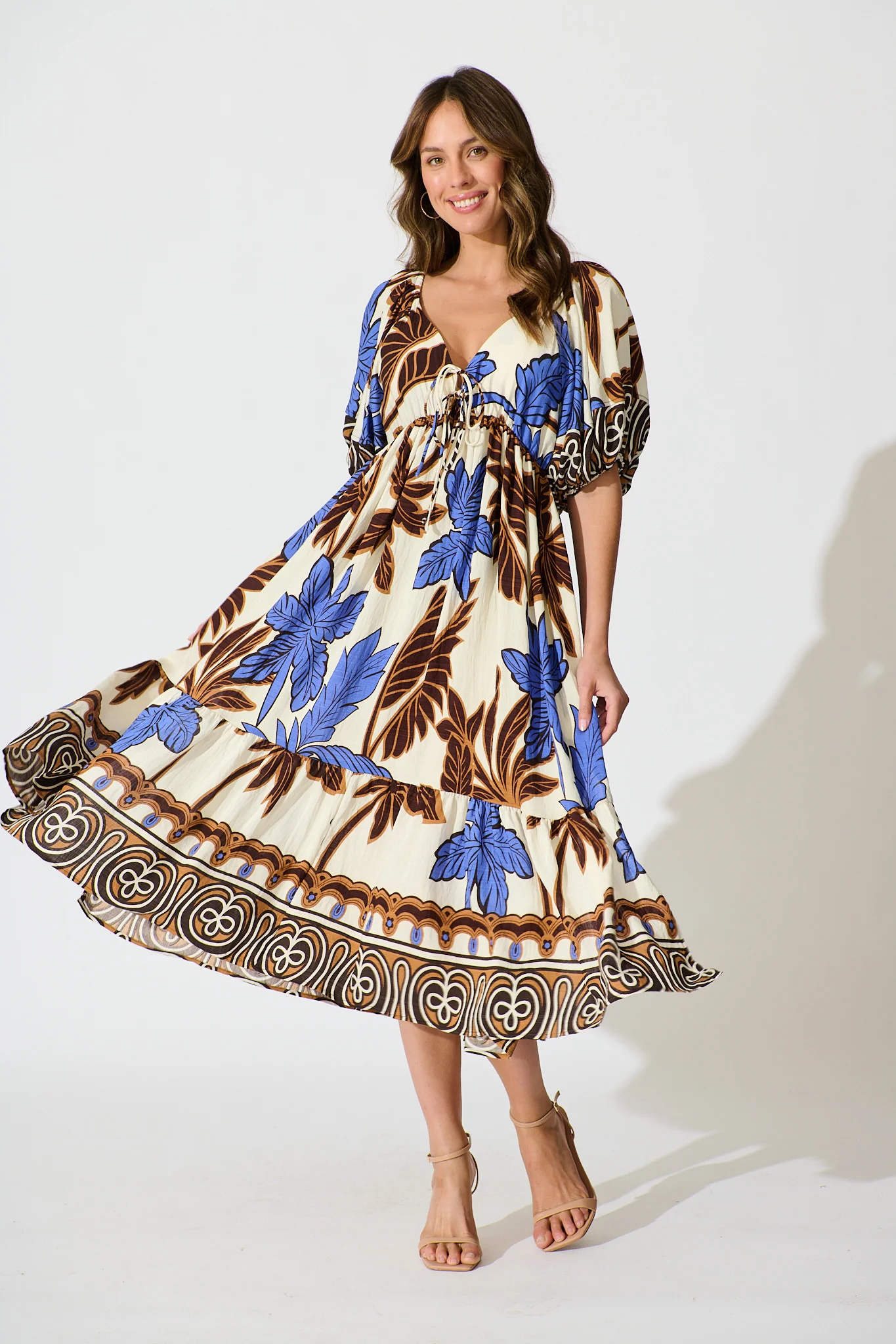Juna Maxi Dress in Blue with Brown Leaf Print - Image 3