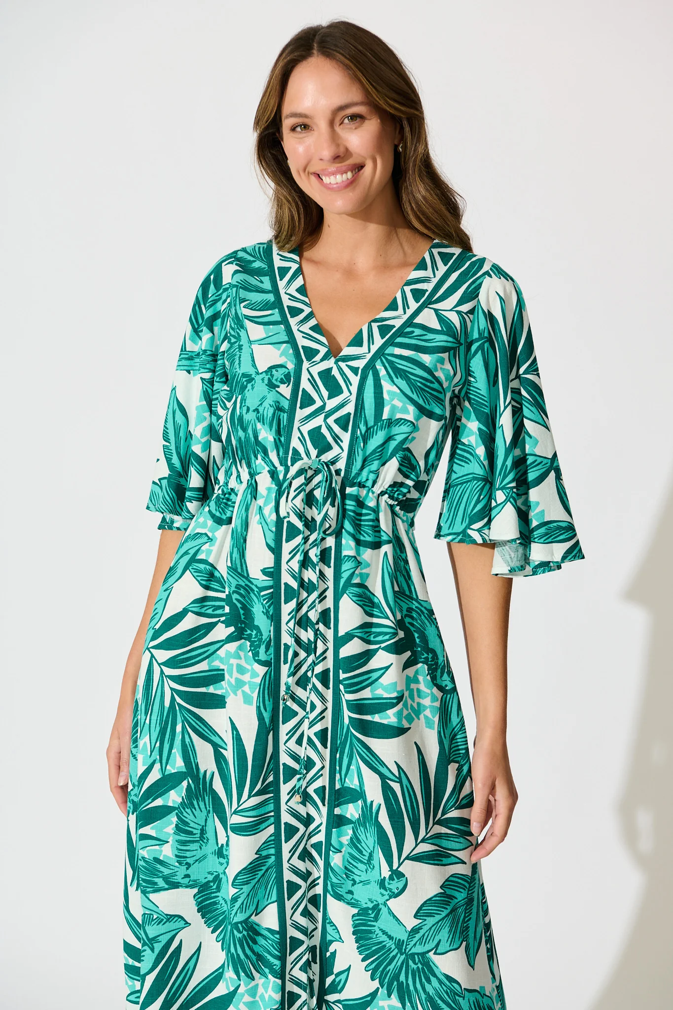 Juni Maxi Dress in Green and White Leaf Print Linen Blend - Image 2