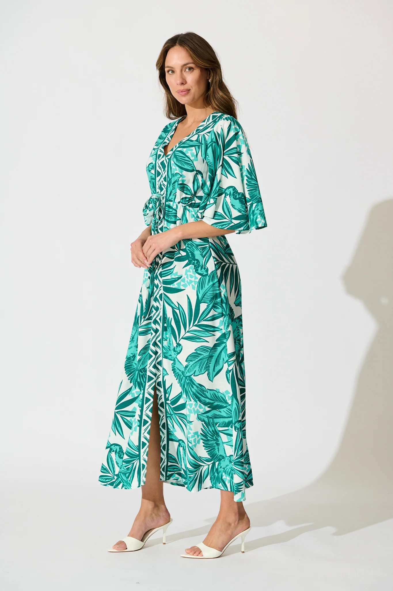 Juni Maxi Dress in Green and White Leaf Print Linen Blend - Image 3