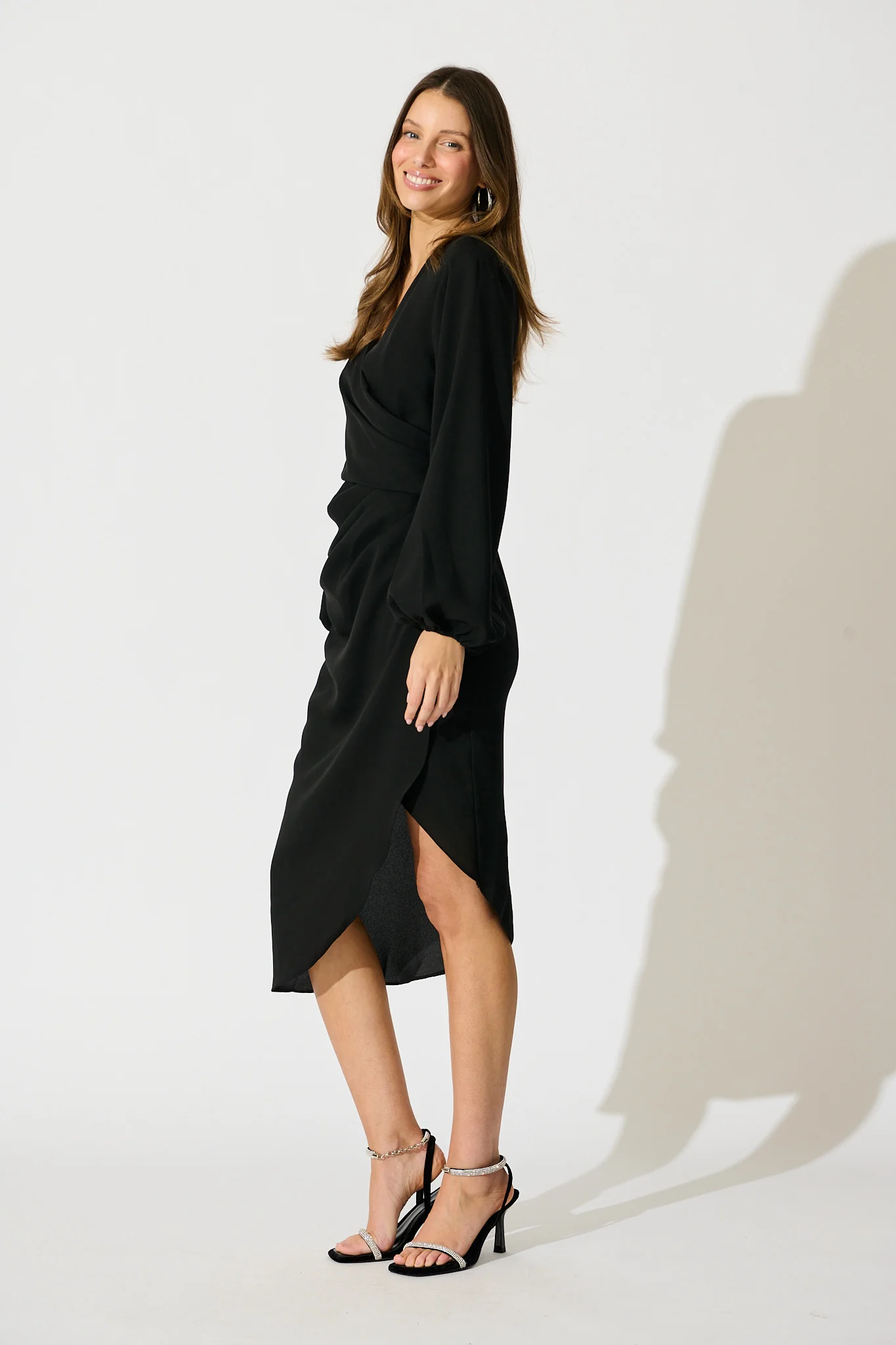 Kalisha Midi Dress in Black Satin - Image 3