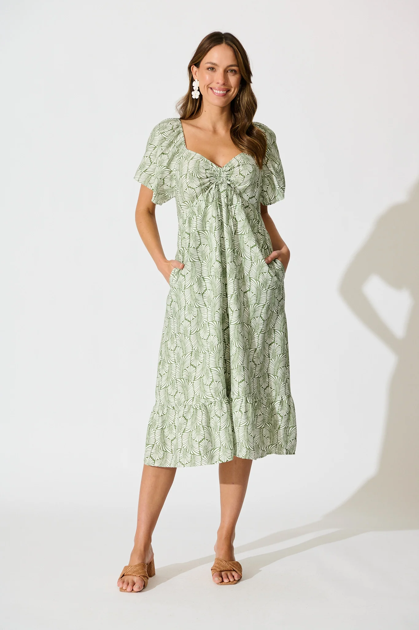 Kammy Midi Dress in Green Leaf Print
