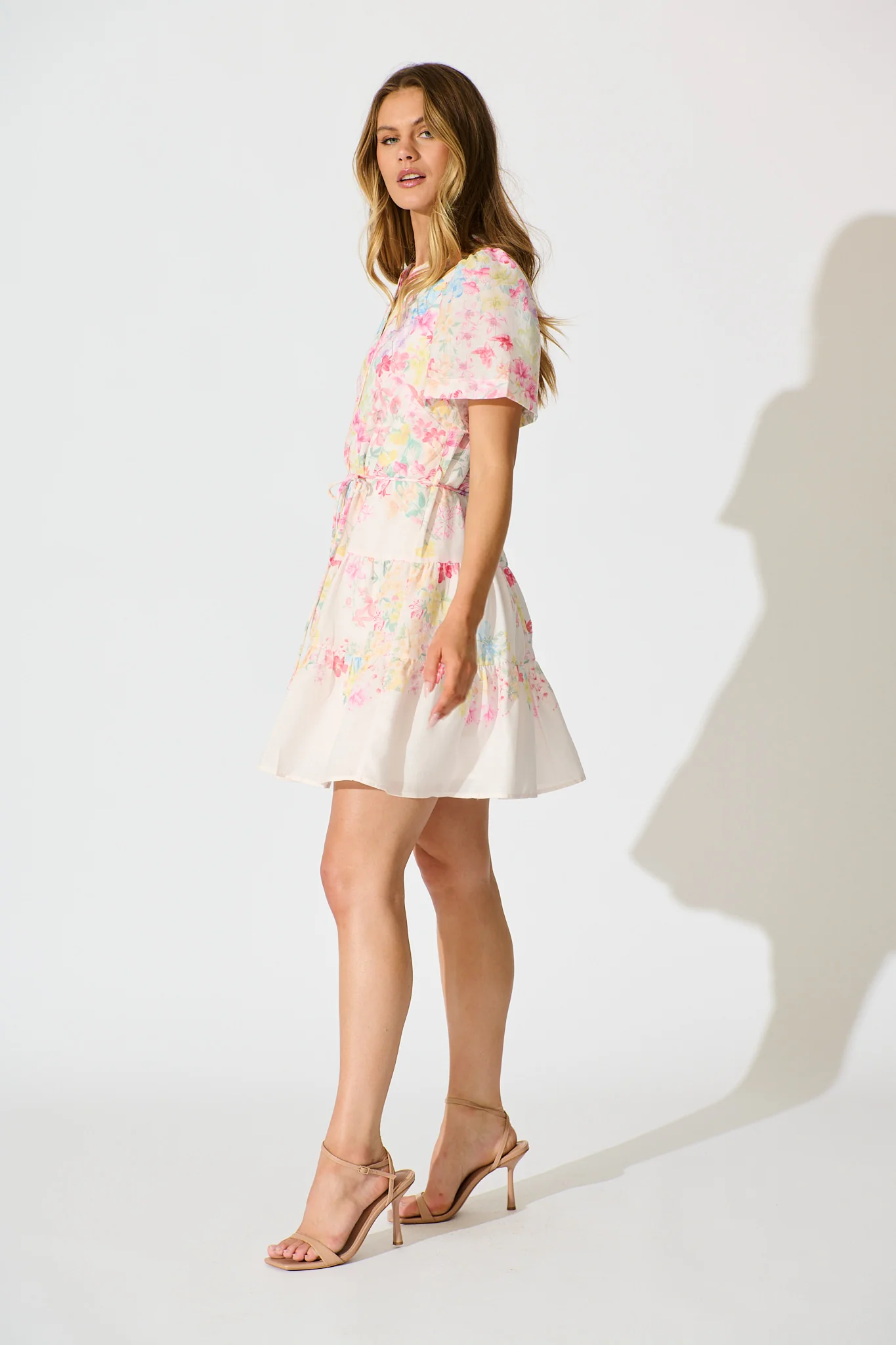 Karey Dress in White with Multi Pastel Floral Linen Blend - Image 3