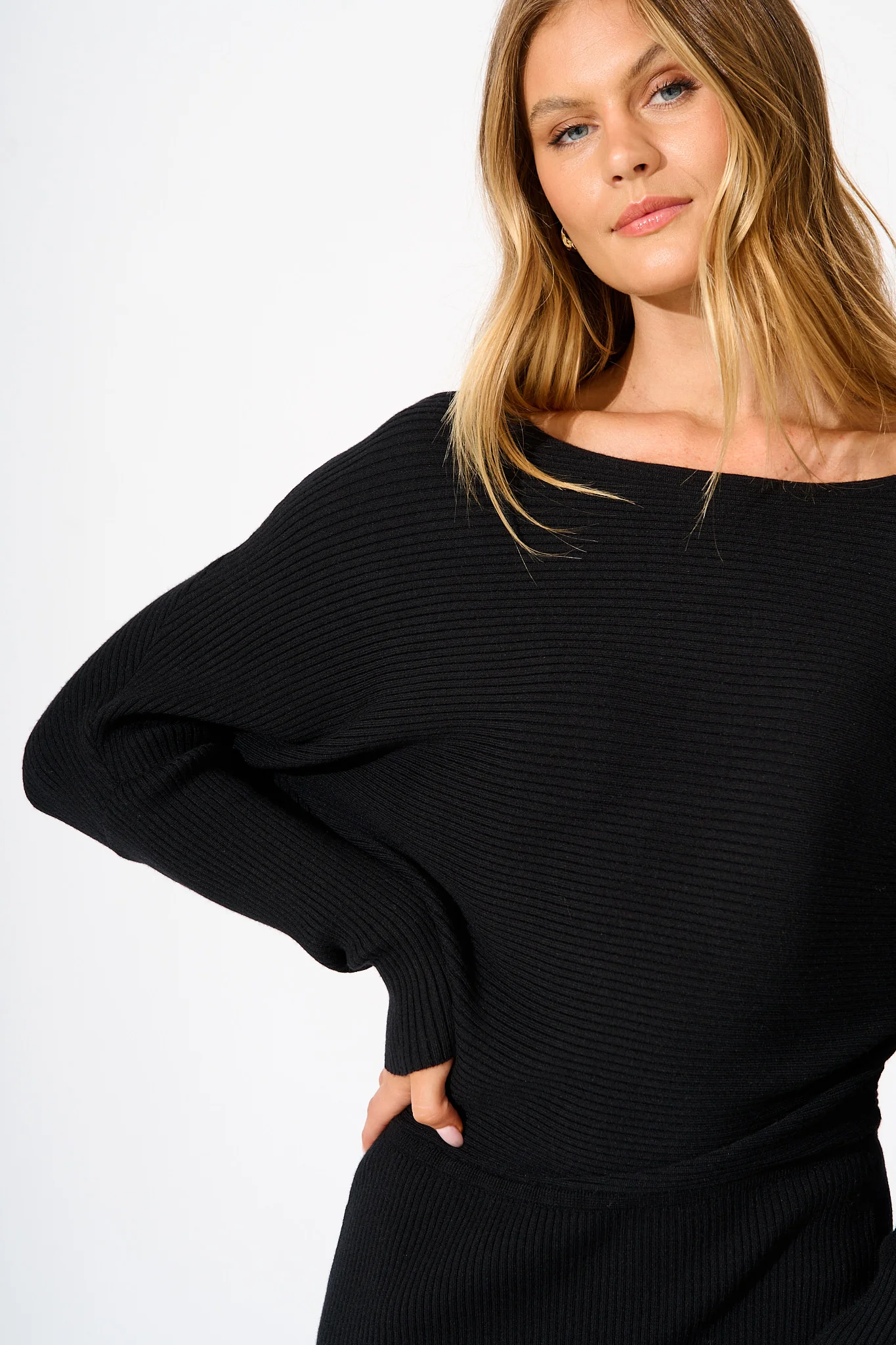 Kassia Off Shoulder Midi Knit Dress in Black - Image 5
