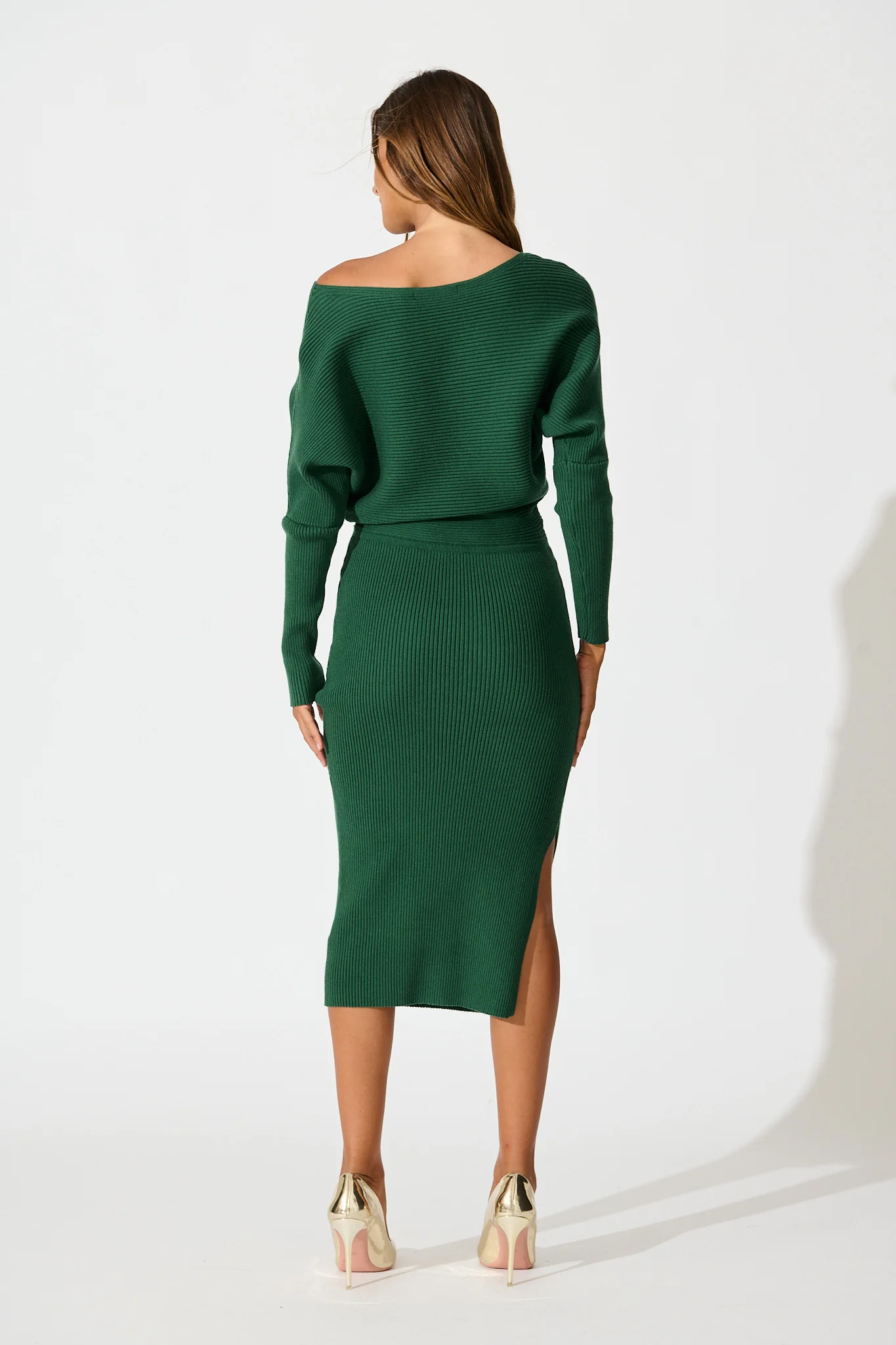 Kassia Off Shoulder Midi Knit Dress in Green - Image 4