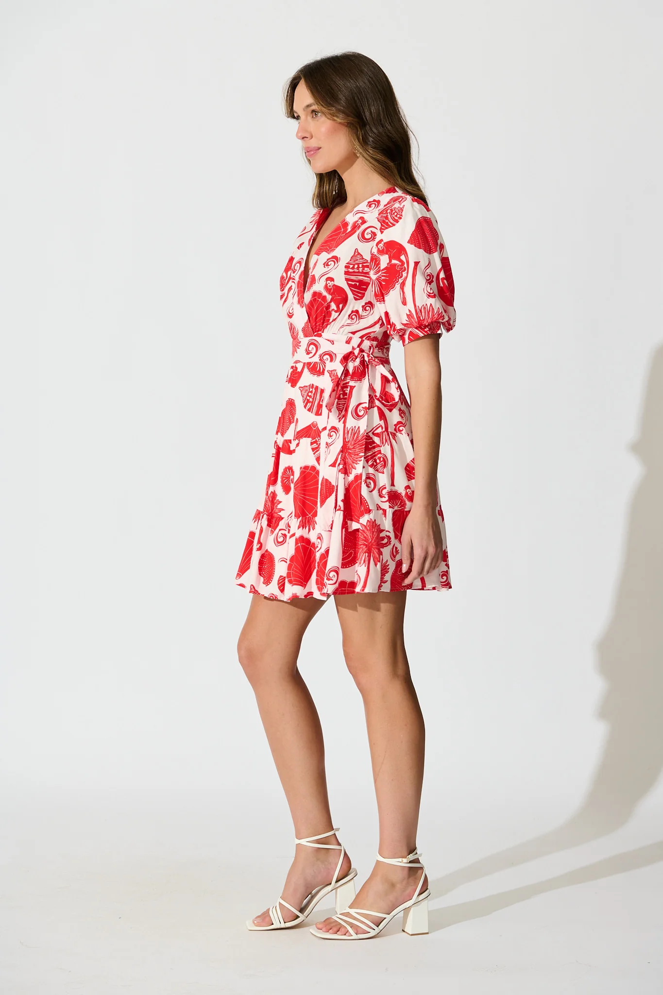 Katarina Wrap Dress in Off White with Red Shell Print - Image 3