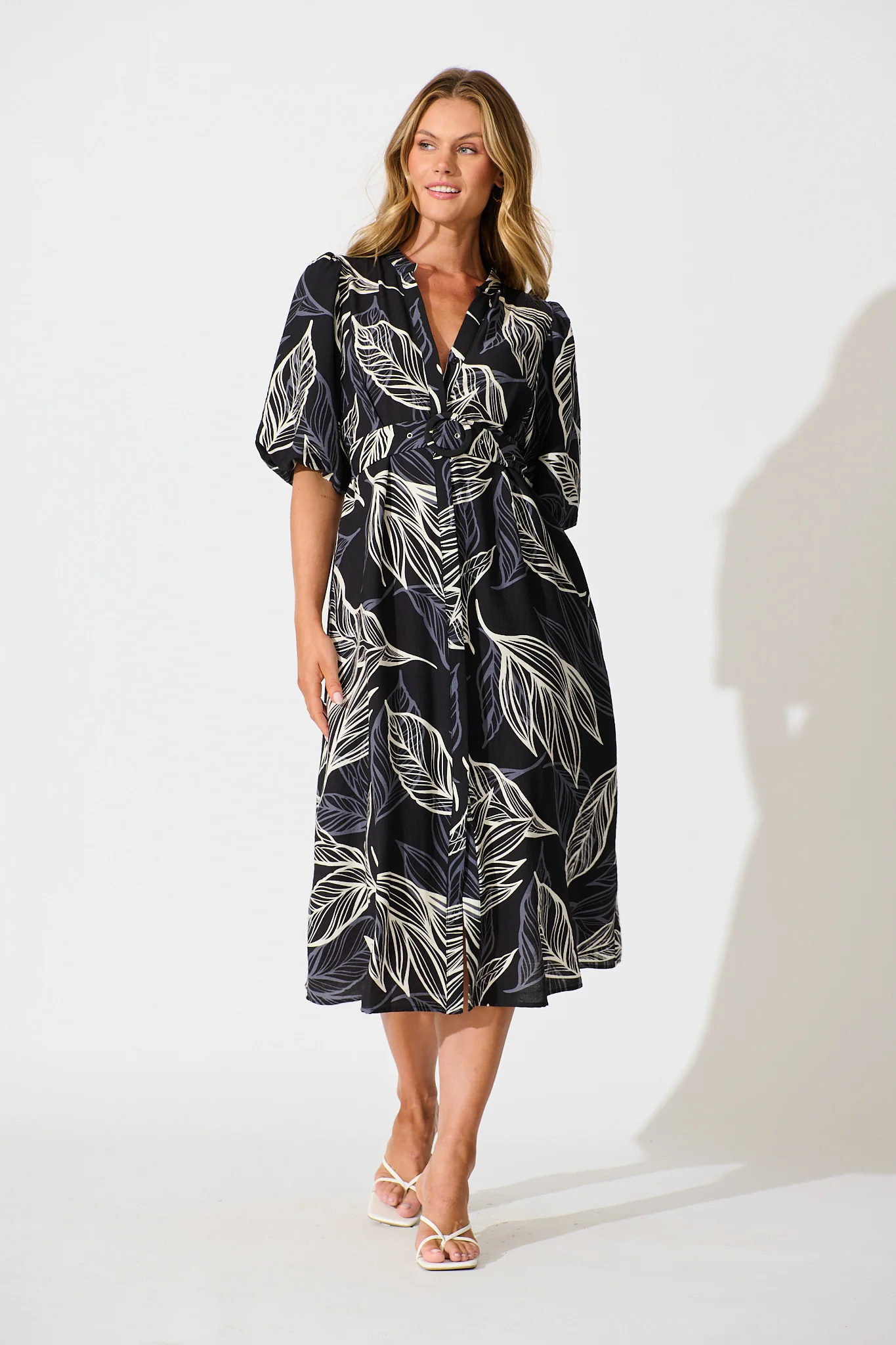 Katie Midi Dress in Black with Cream Leaf