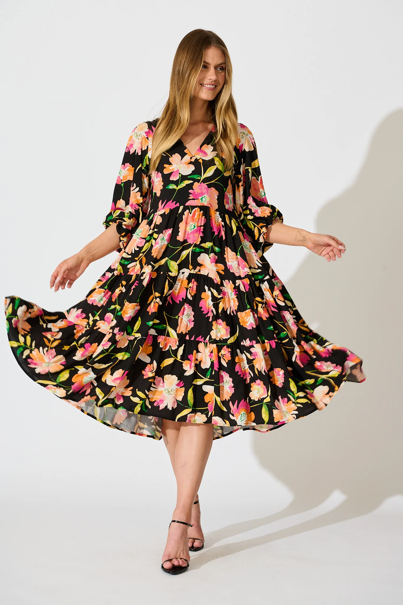 Kehlana Tiered Smock Dress in Black with Tangerine Floral