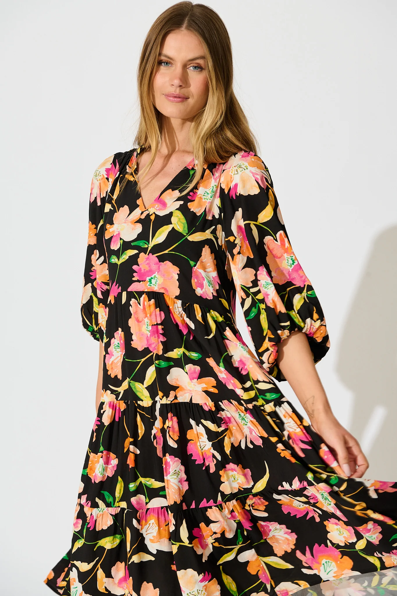 Kehlana Tiered Smock Dress in Black with Tangerine Floral - Image 2