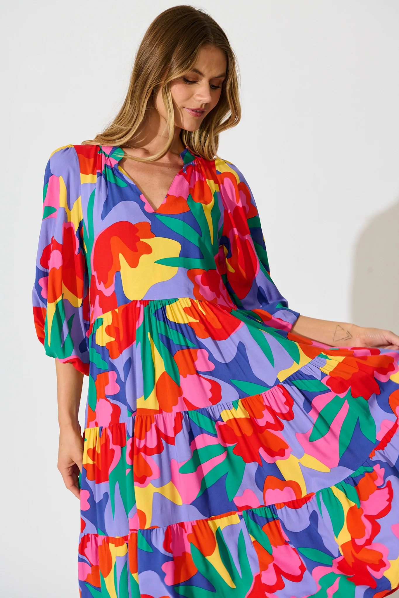 Kehlana Tiered Smock Dress in Bright Multi Print - Image 2