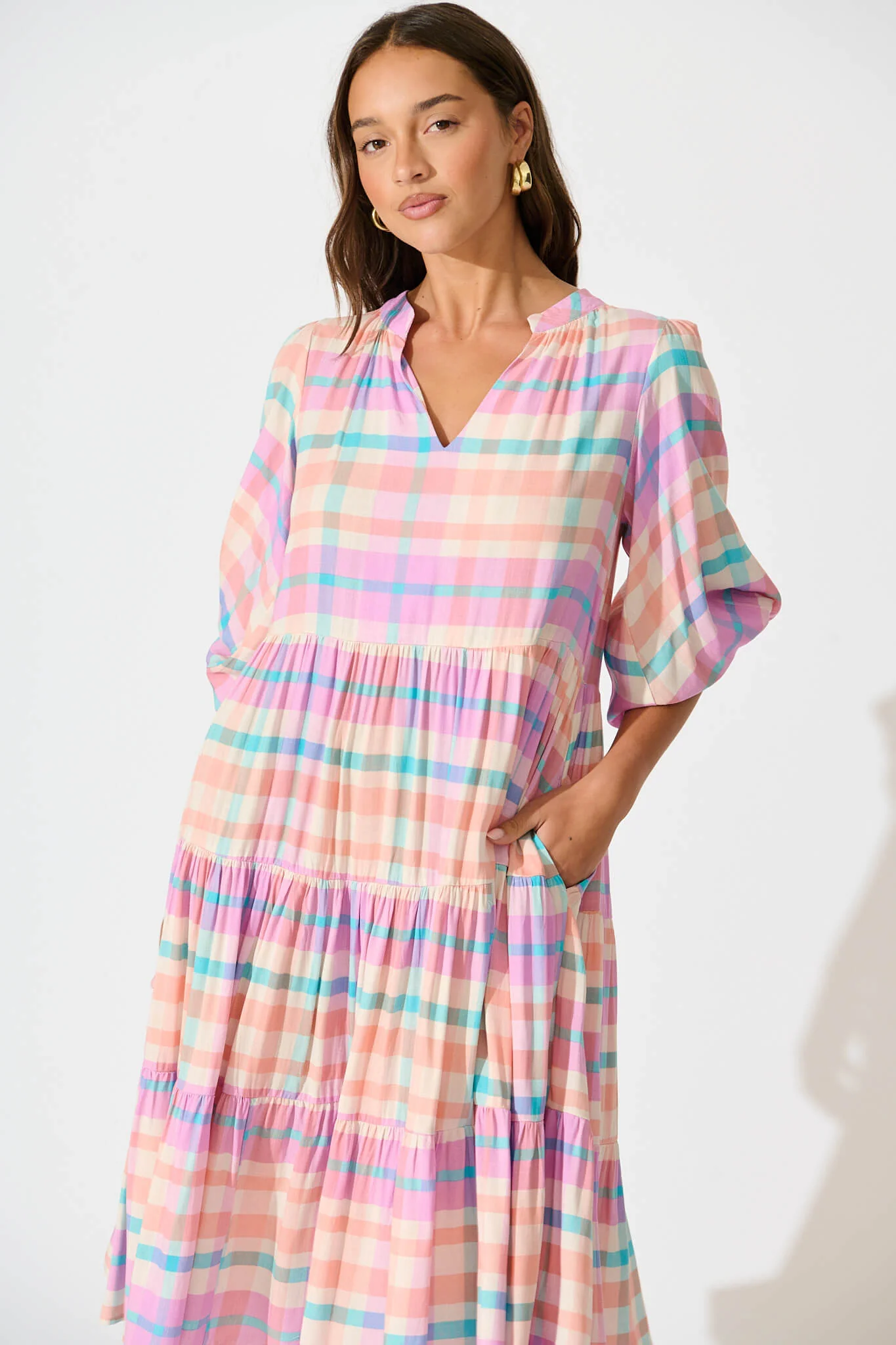 Kehlana Tiered Smock Dress In Pink Check - Image 2
