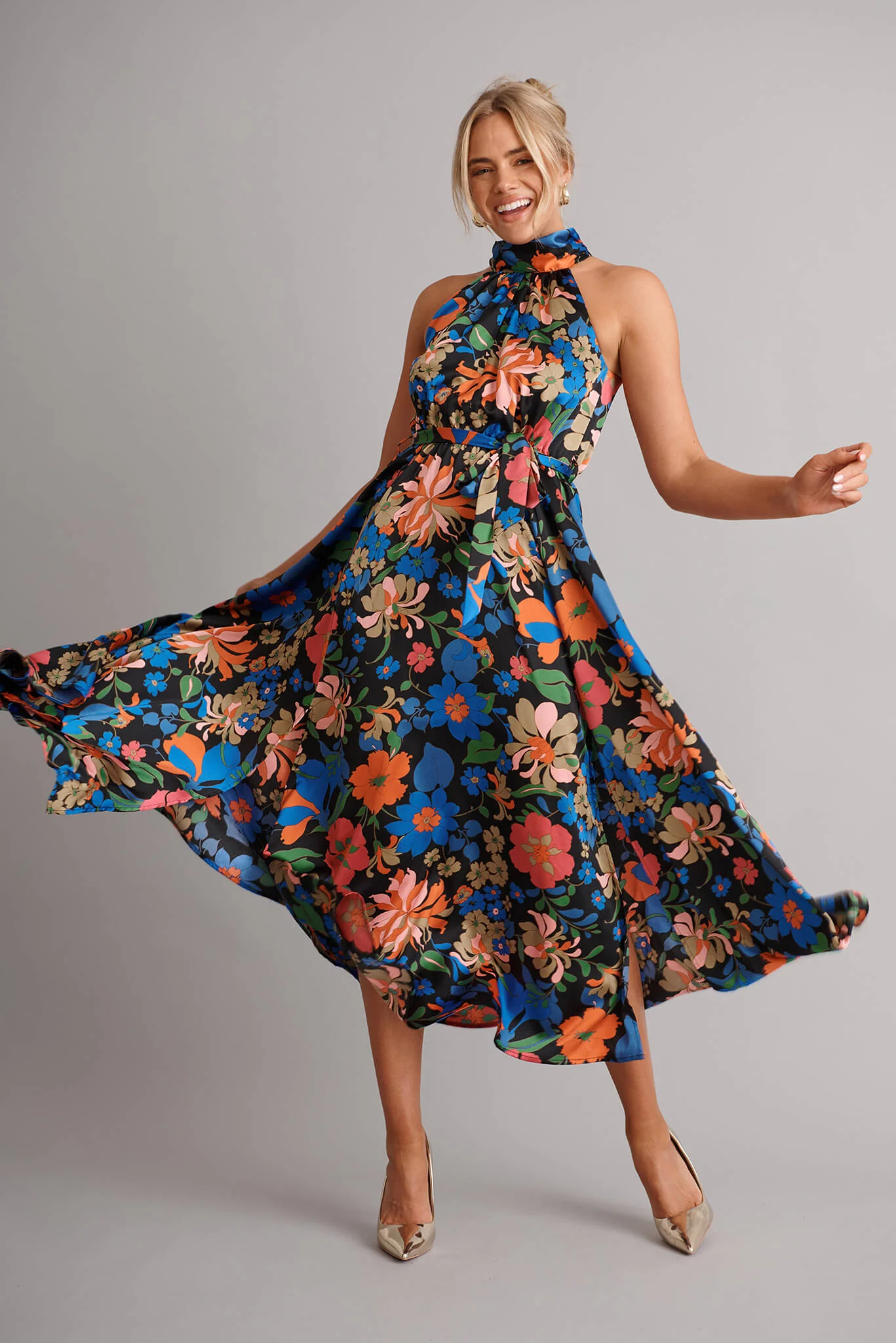 Kiss Me Halter Neck Maxi Dress in Black Floral Satin - Image 4