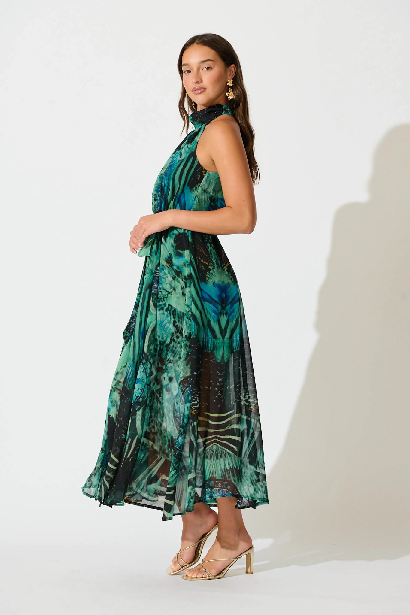 Kiss Me Halter Neck Maxi Dress in Green Multi Chiffon - Image 3