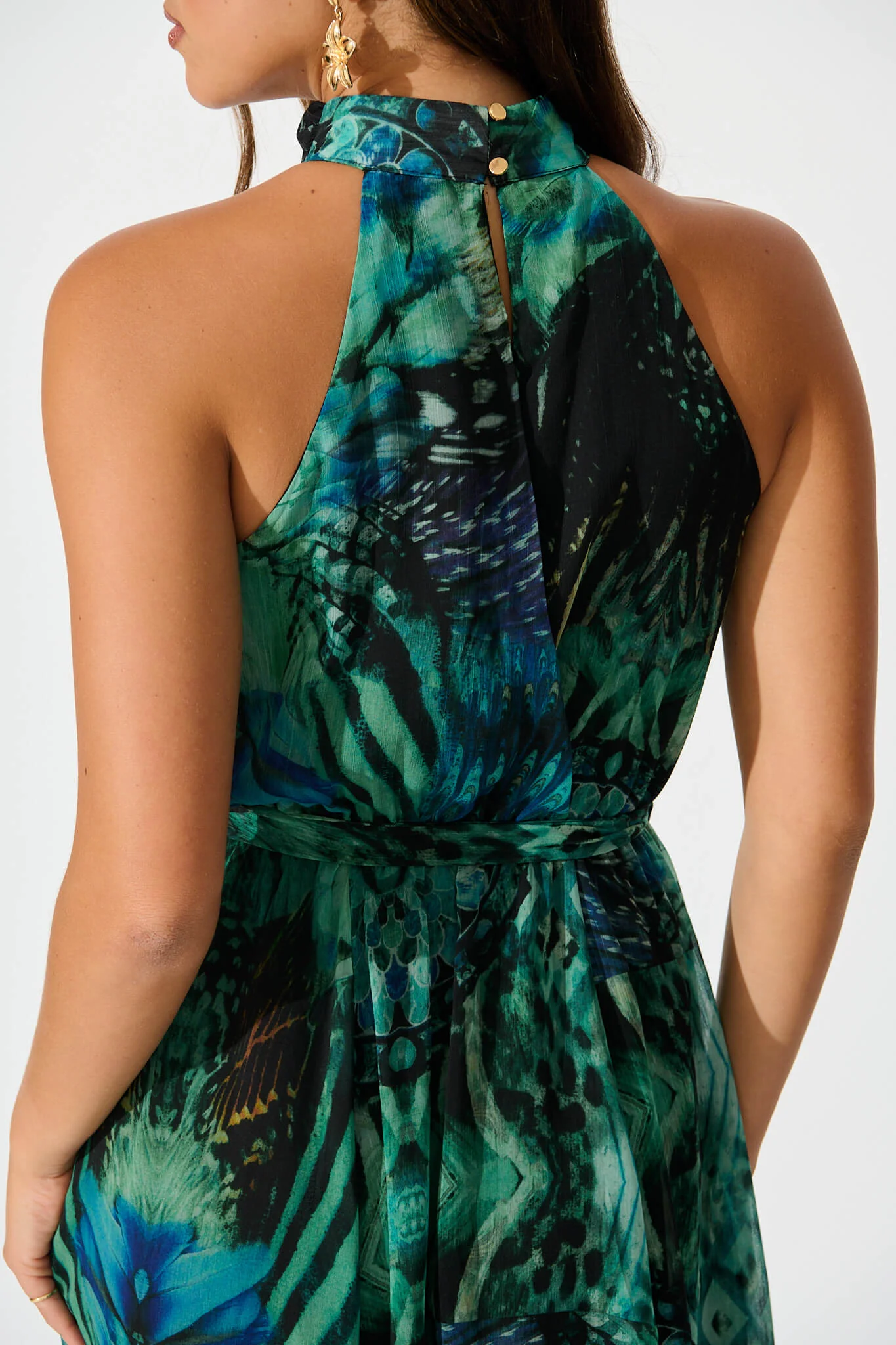 Kiss Me Halter Neck Maxi Dress in Green Multi Chiffon - Image 5
