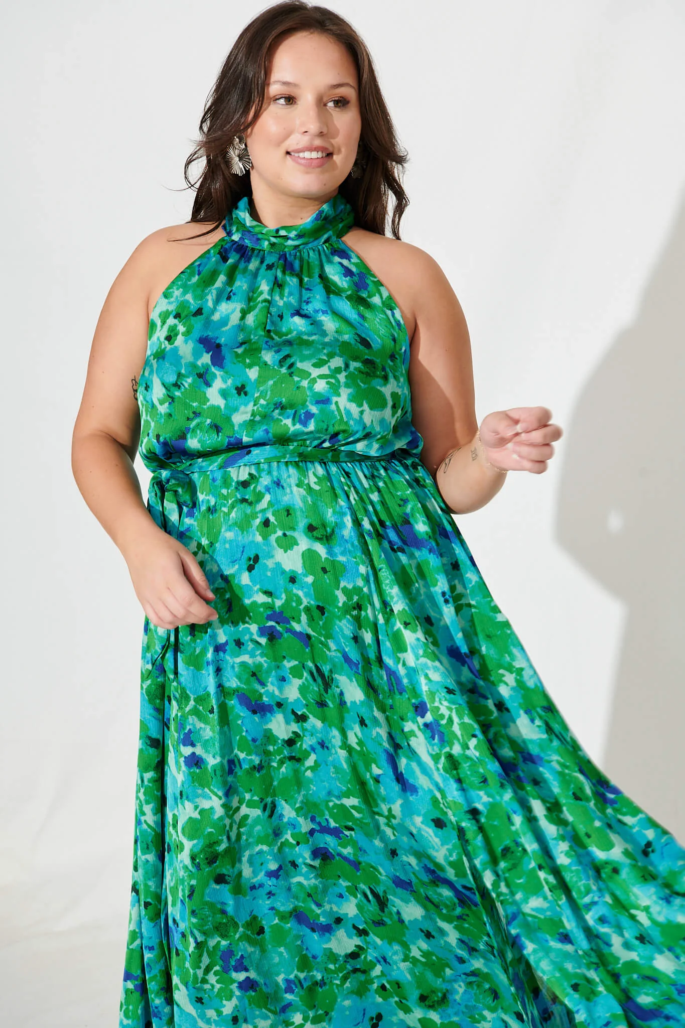 Kiss Me Halter Neck Maxi Dress In Green Watercolour Print - Image 6