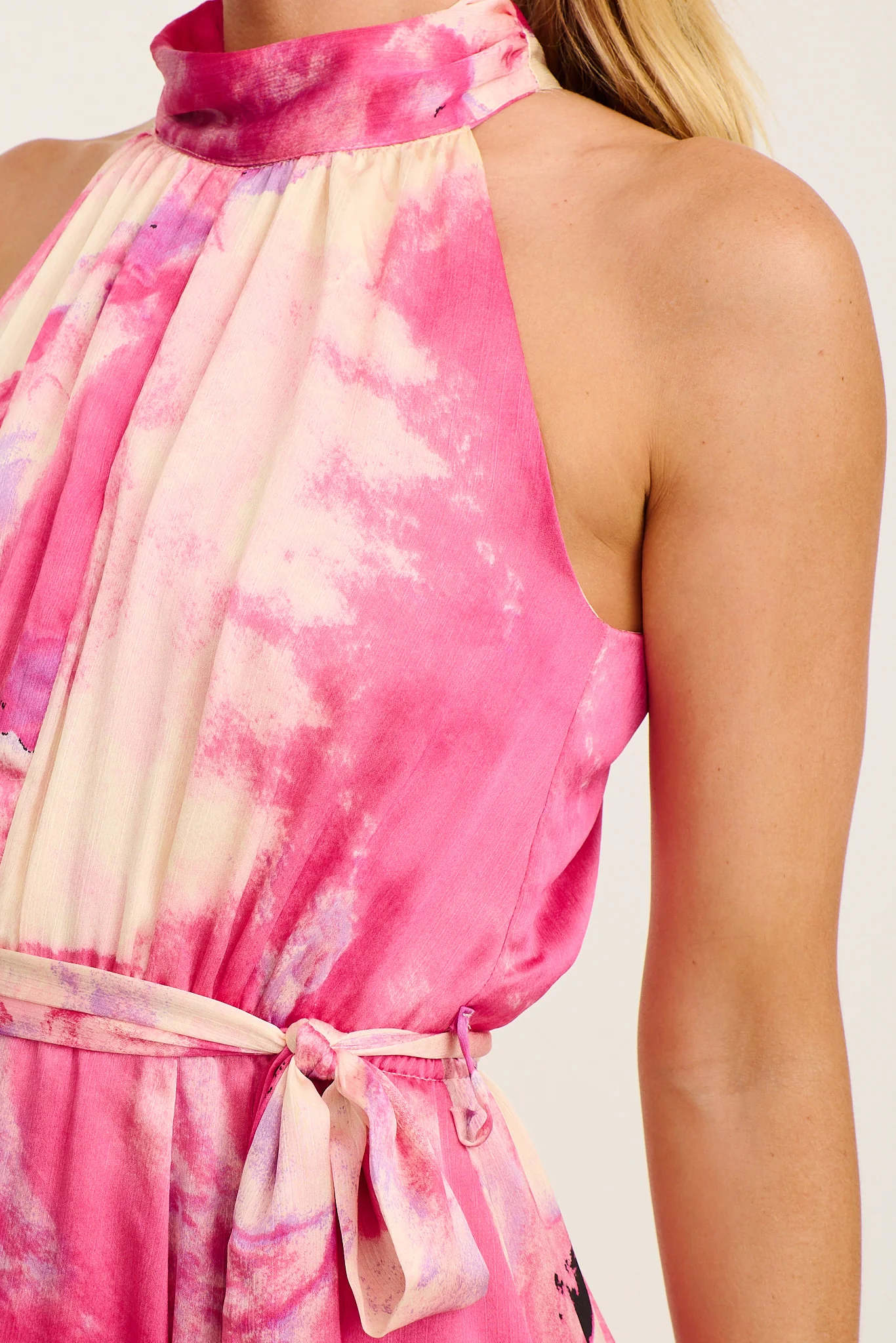 Kiss Me Halter Neck Maxi Dress in Magenta Watercolour Satin - Image 10