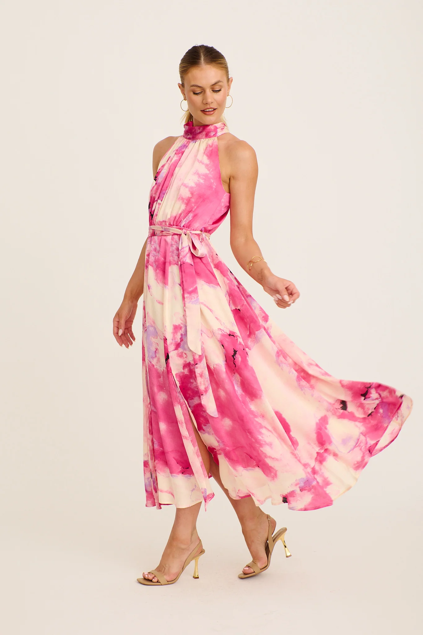 Kiss Me Halter Neck Maxi Dress in Magenta Watercolour Satin - Image 4