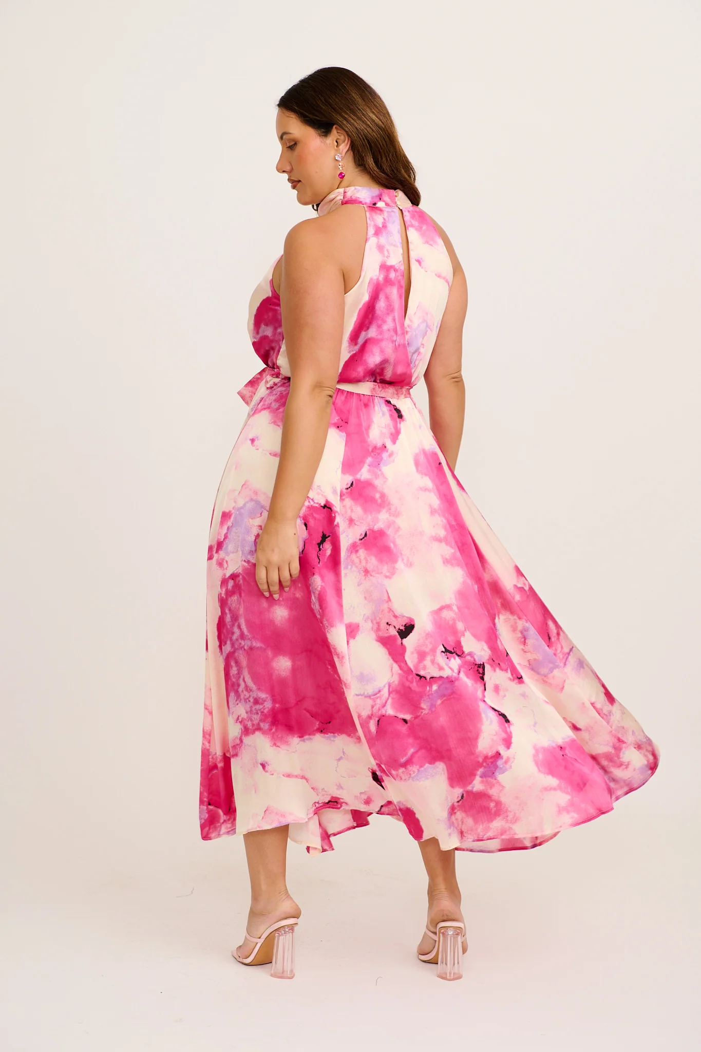 Kiss Me Halter Neck Maxi Dress in Magenta Watercolour Satin - Image 9