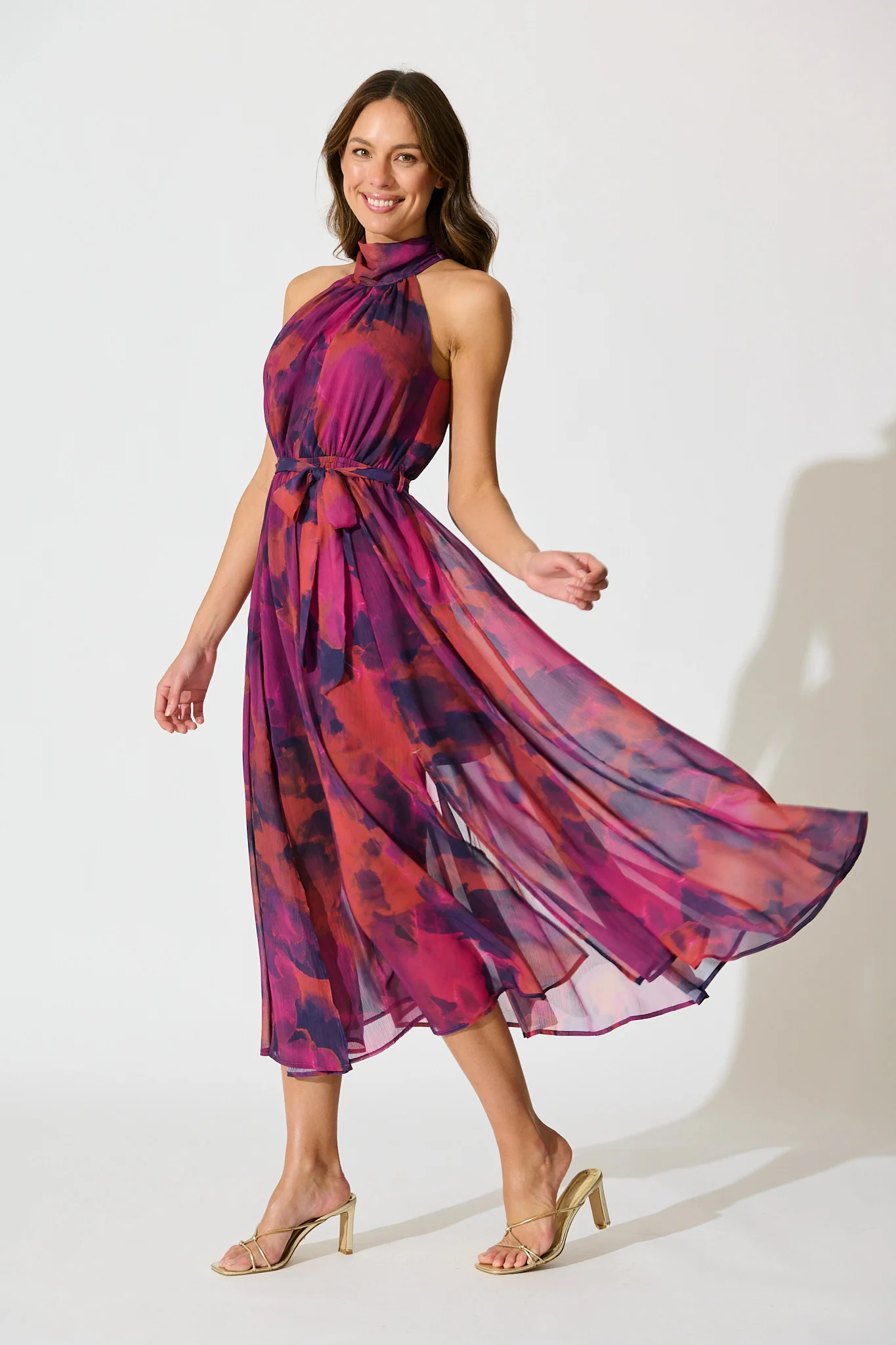 Kiss Me Halter Neck Maxi Dress in Purple Watercolour Chiffon - Image 3