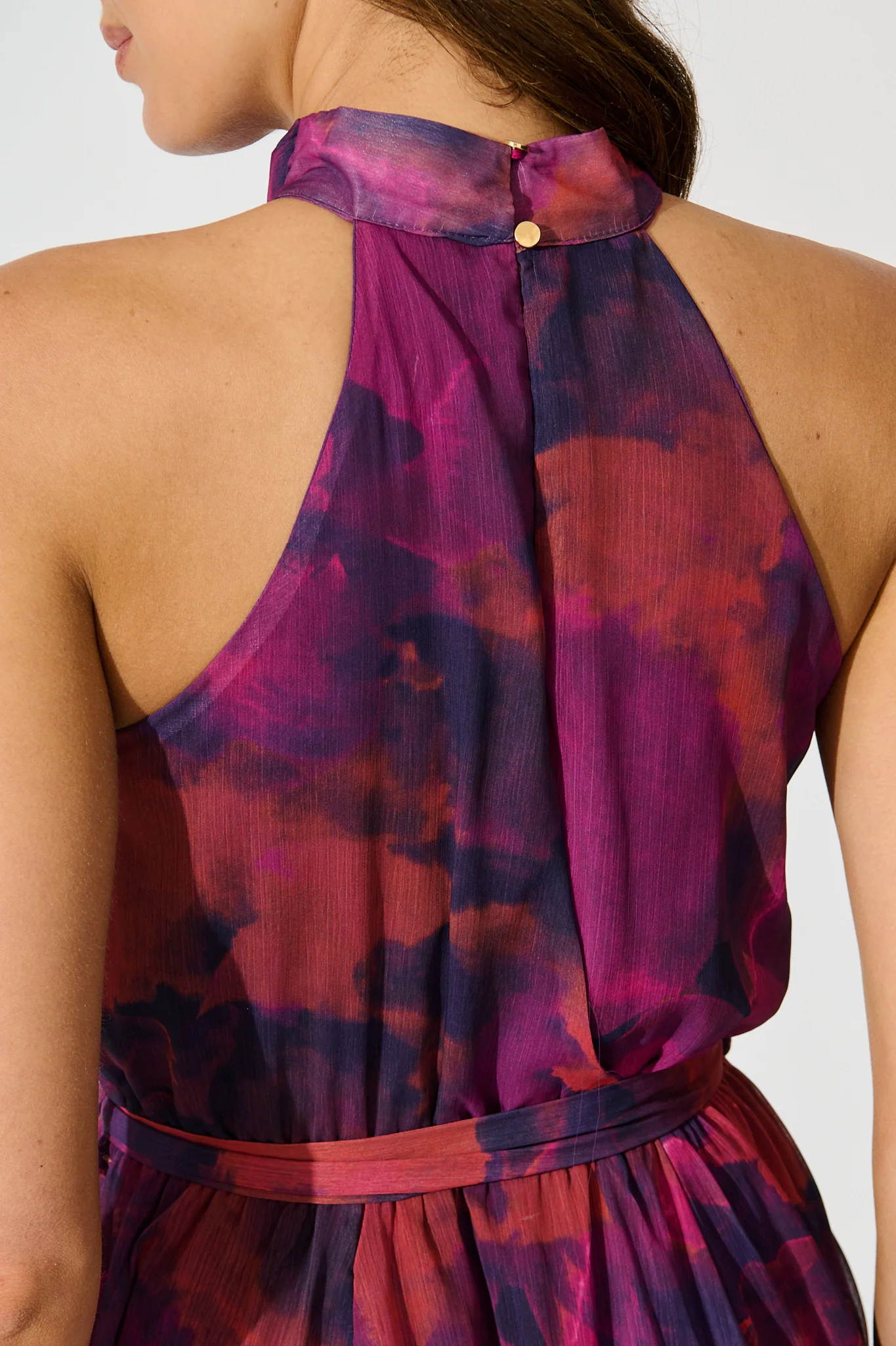 Kiss Me Halter Neck Maxi Dress in Purple Watercolour Chiffon - Image 5