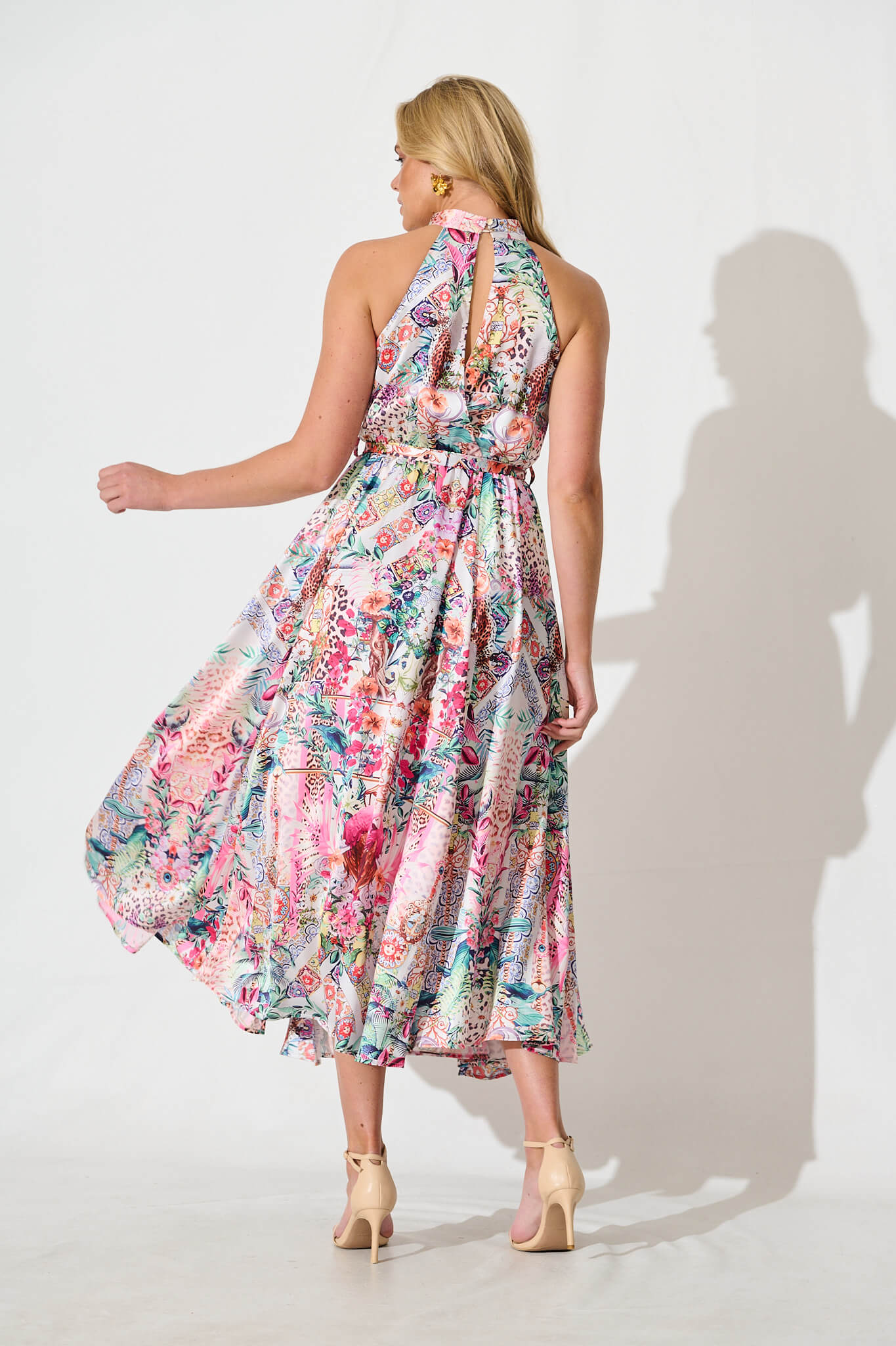 Kiss Me Halter Neck Maxi Dress in White Multi Satin - Image 4
