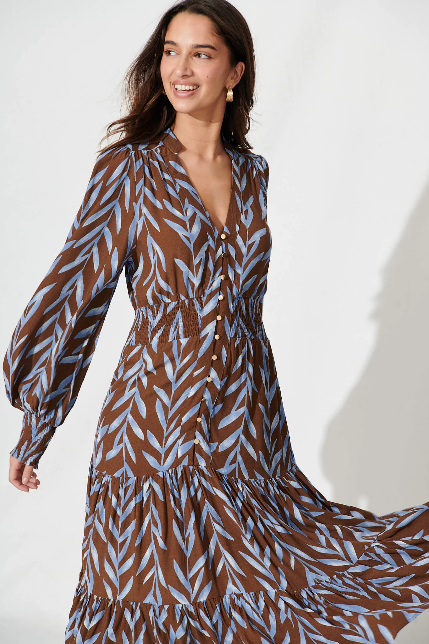 Kori Midi Dress In Chocolate With Blue Leaf Print - Image 2