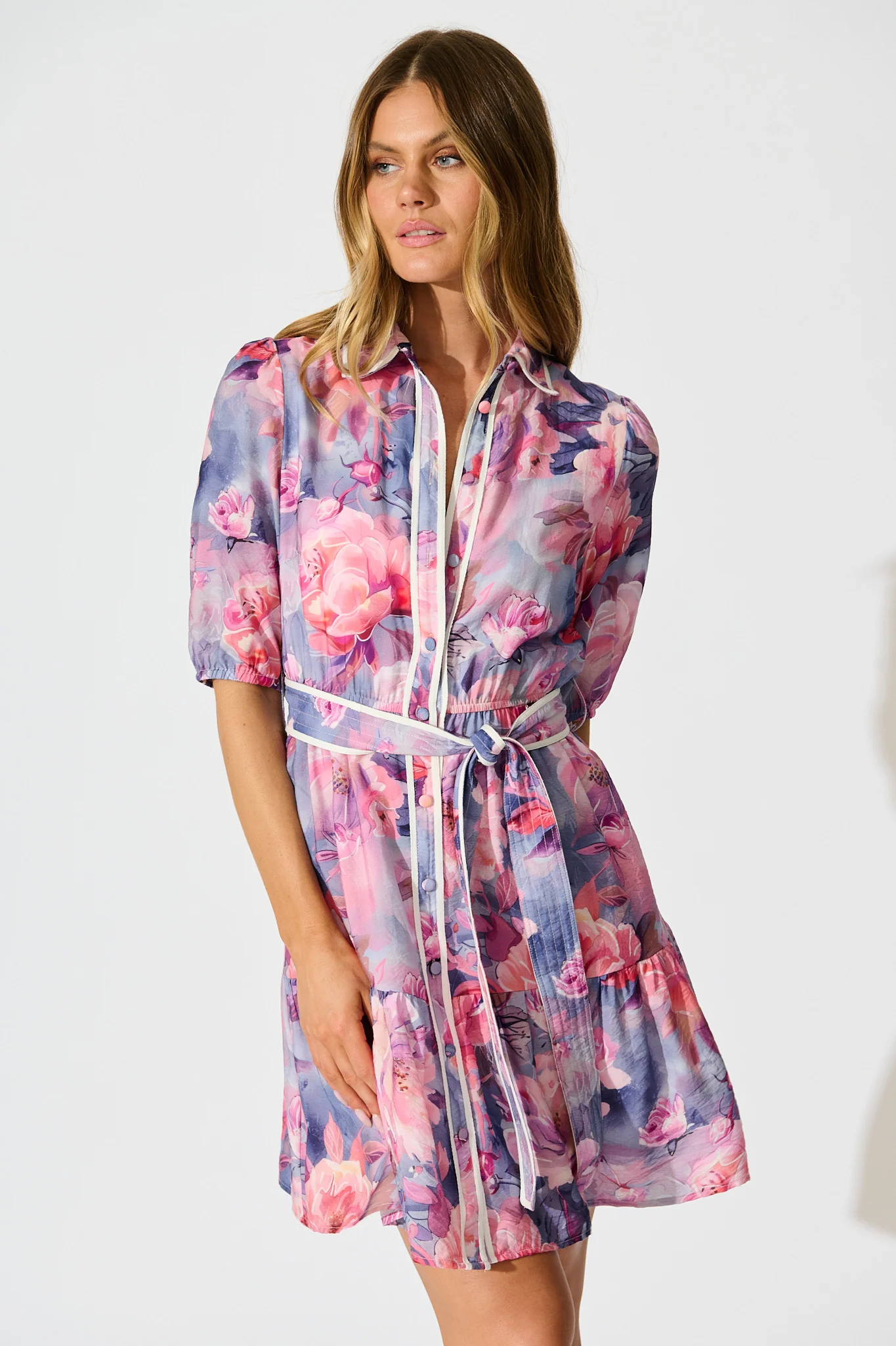 Krista Shirt Dress in Blue with Pink Floral Cotton - Image 2