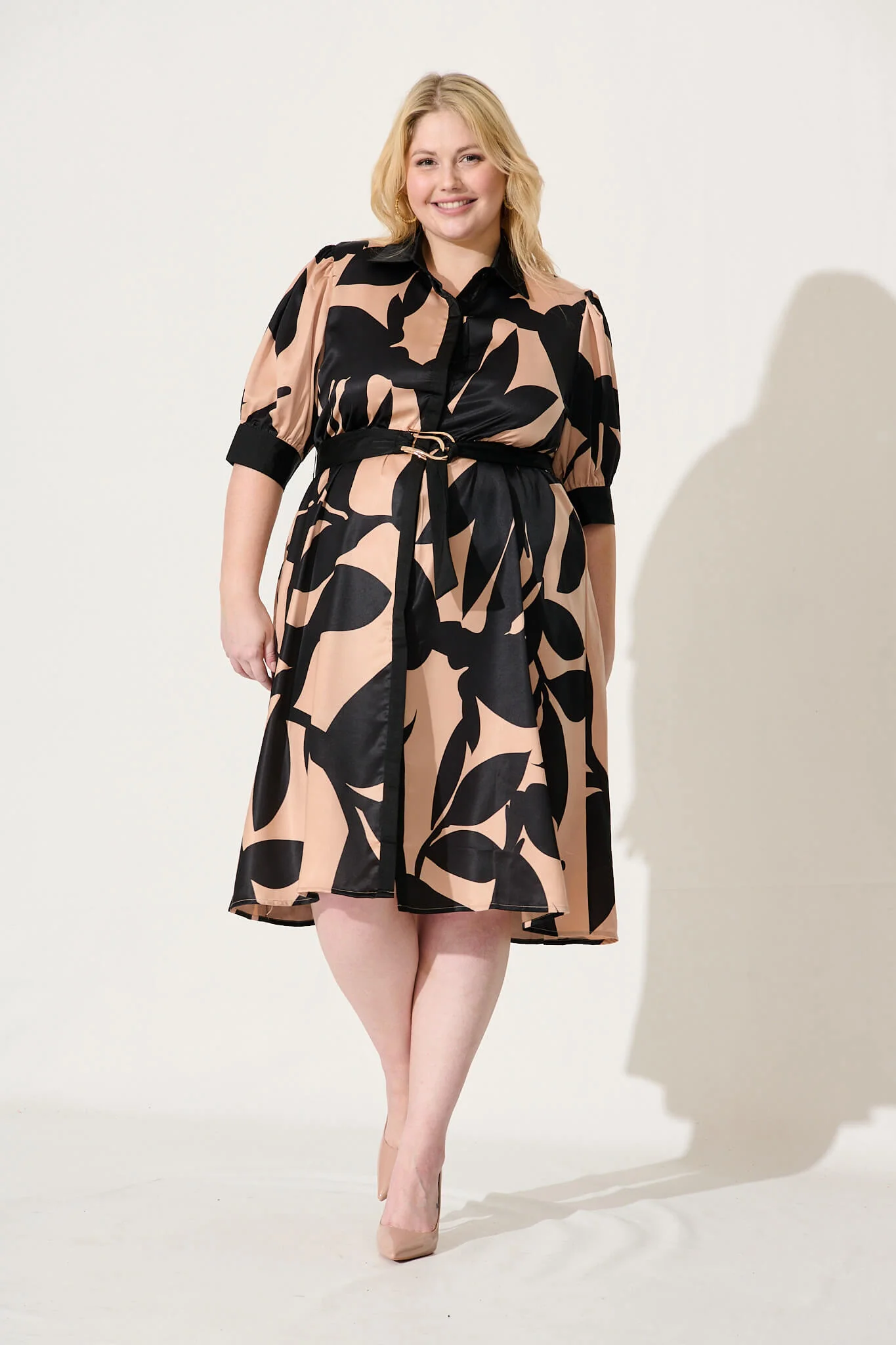 Kristel Shirt Dress In Brown With Black Print Satin - Image 7