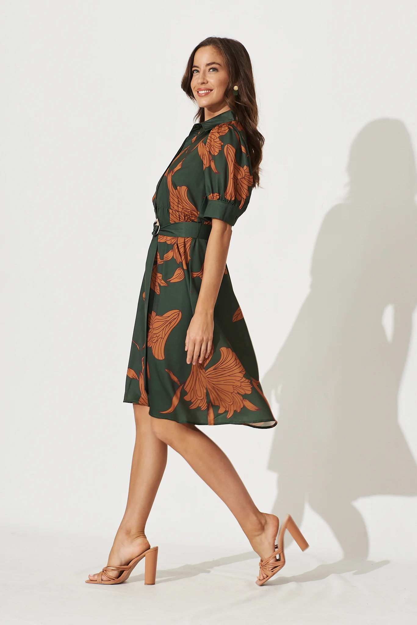 Kristel Shirt Dress In Khaki With Rust Leaf Print Satin - Image 3