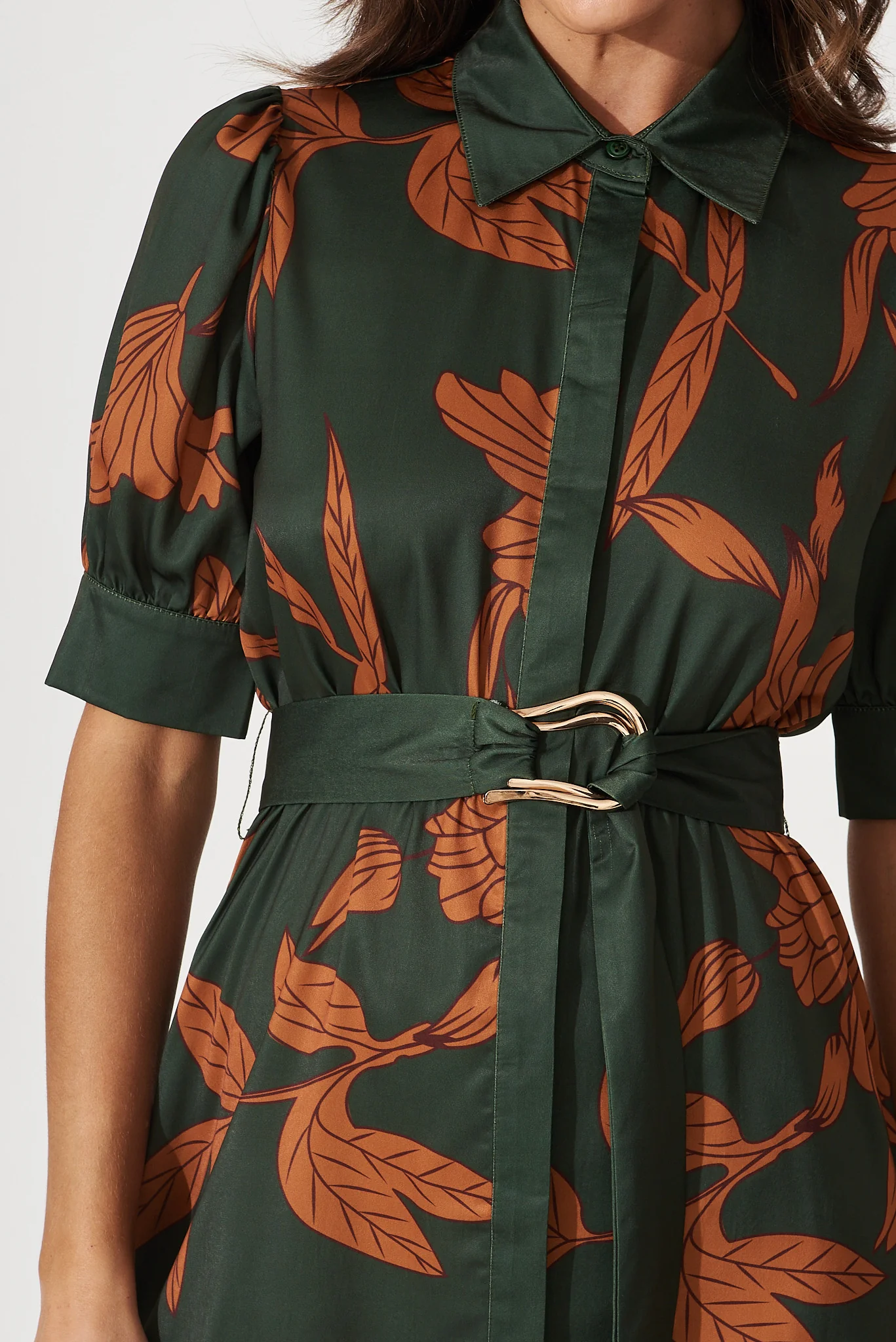 Kristel Shirt Dress In Khaki With Rust Leaf Print Satin - Image 5