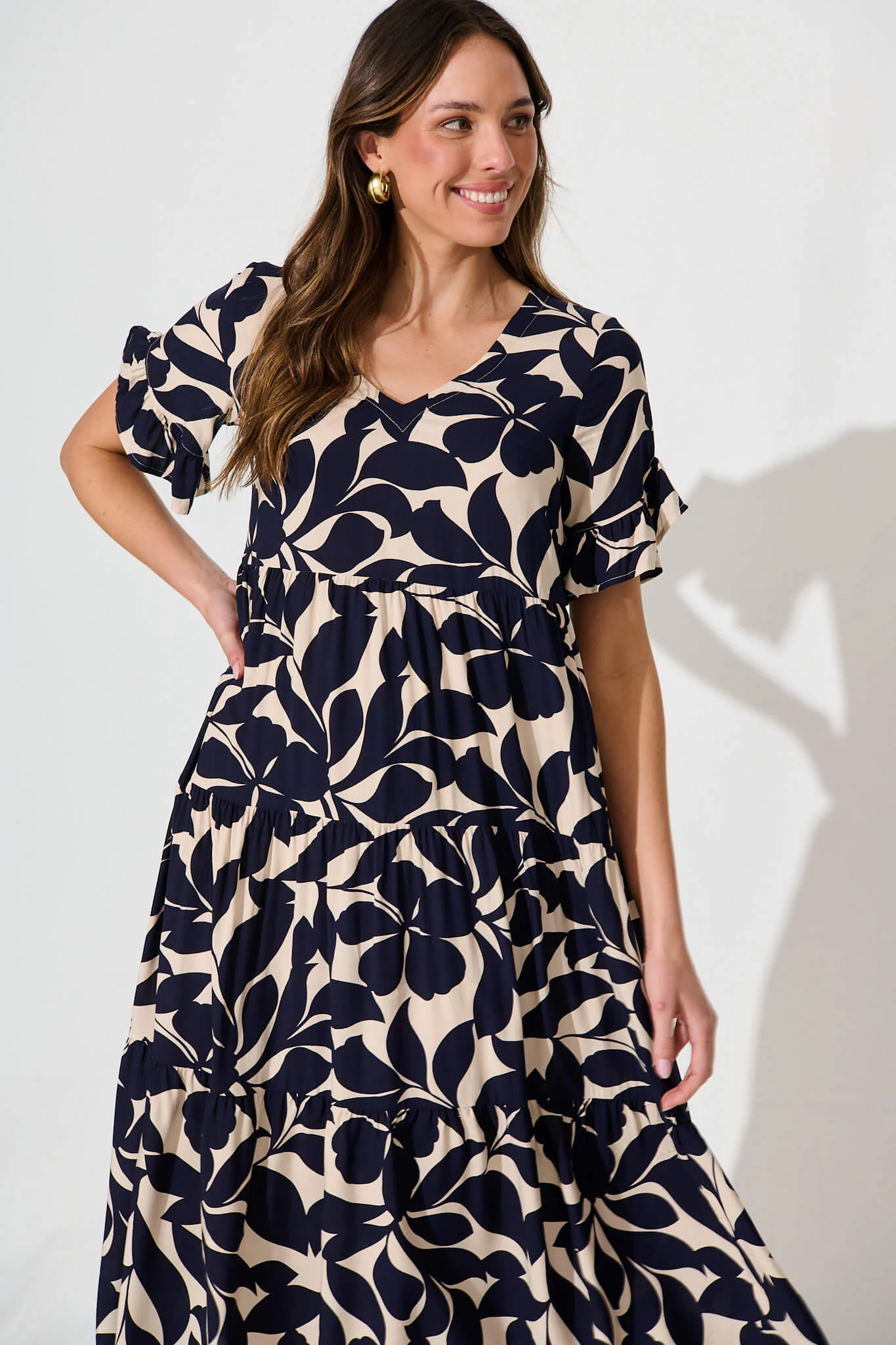 Kristen Midi Smock Dress In Beige With Navy Floral - Image 2