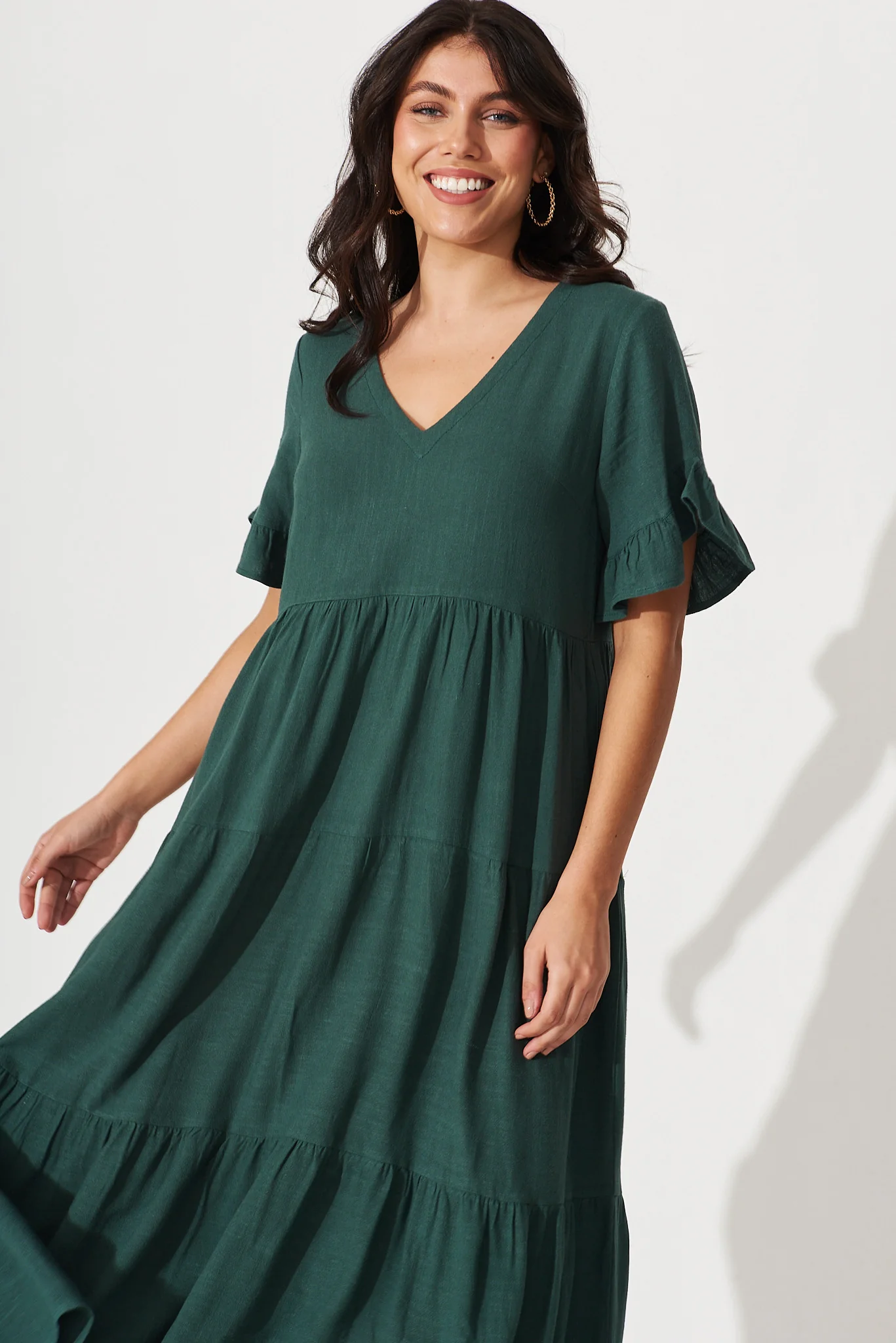 Kristen Midi Smock Dress In Green Linen Blend - Image 3
