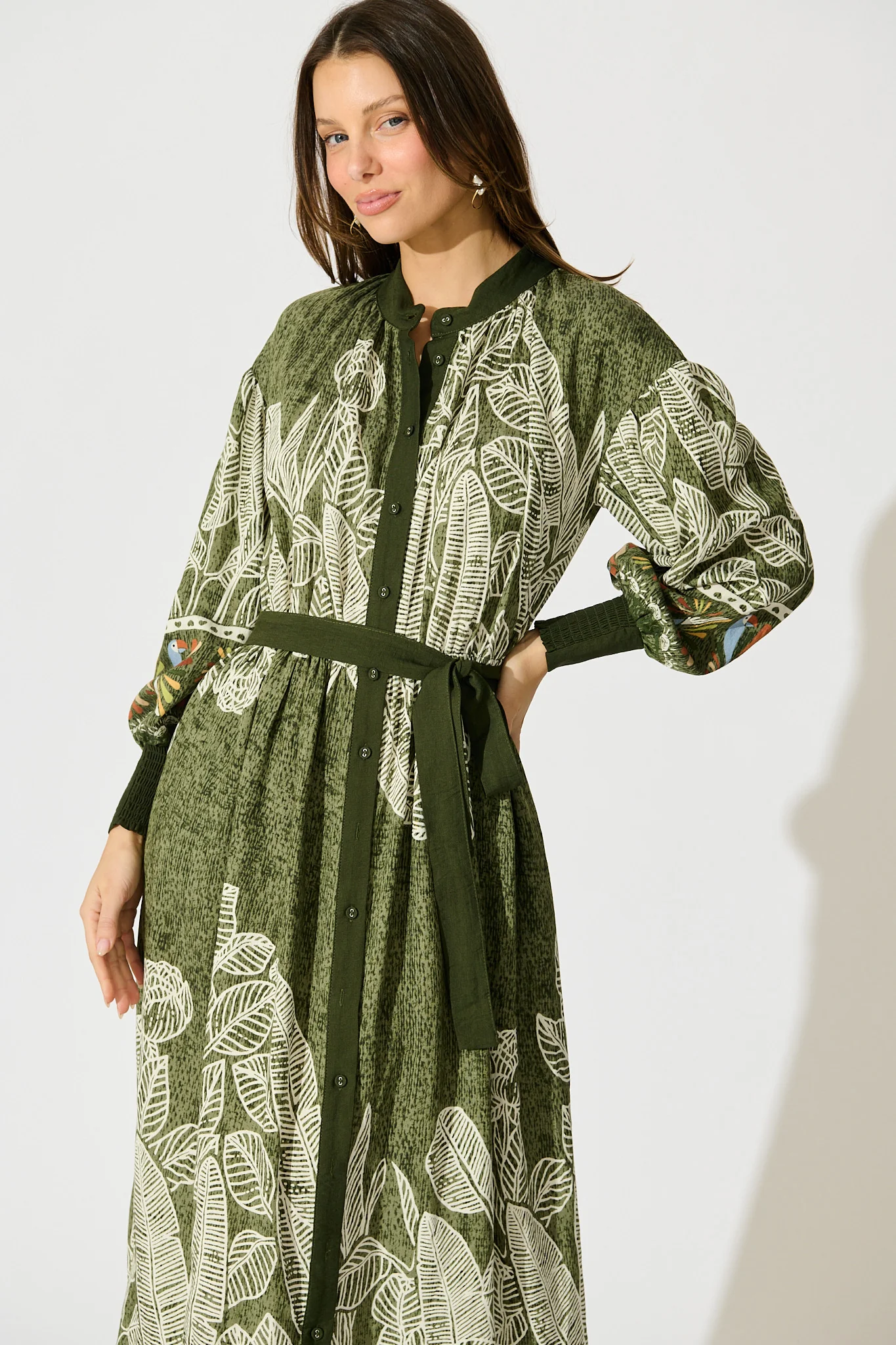 La Palma Maxi Shirt Dress in Green Leaf Border Print - Image 2