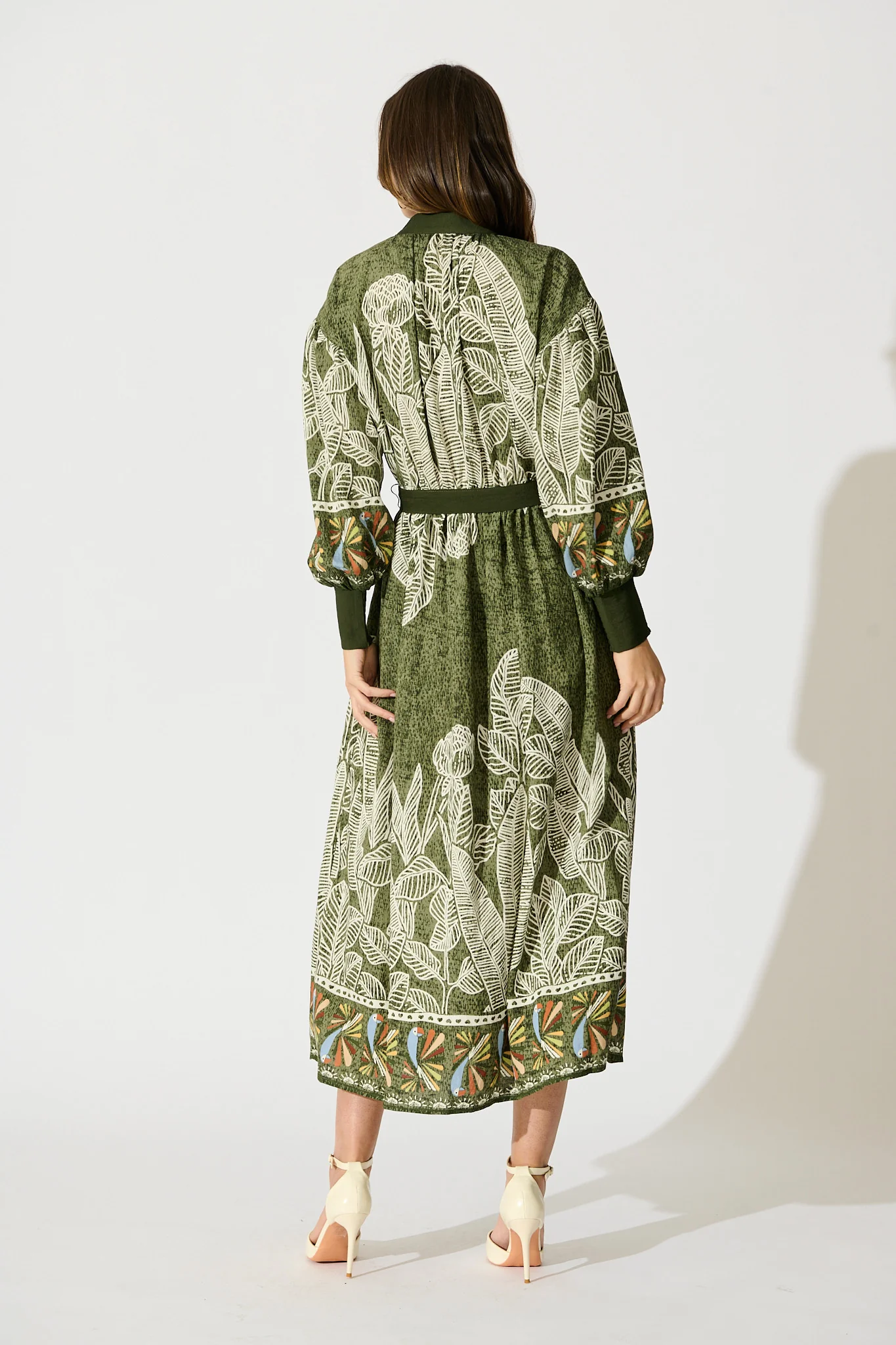 La Palma Maxi Shirt Dress in Green Leaf Border Print - Image 4