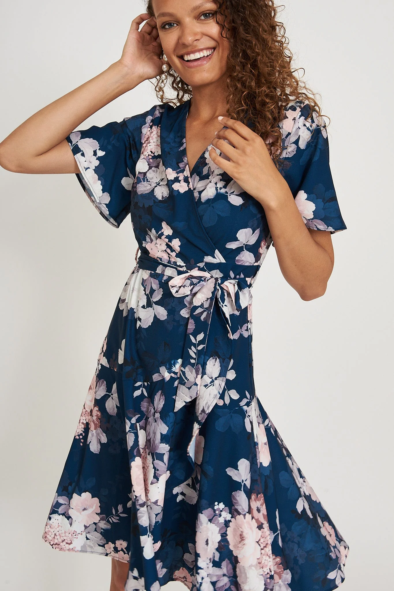 Lacey Wrap Dress In Teal With Blush Floral - Image 4