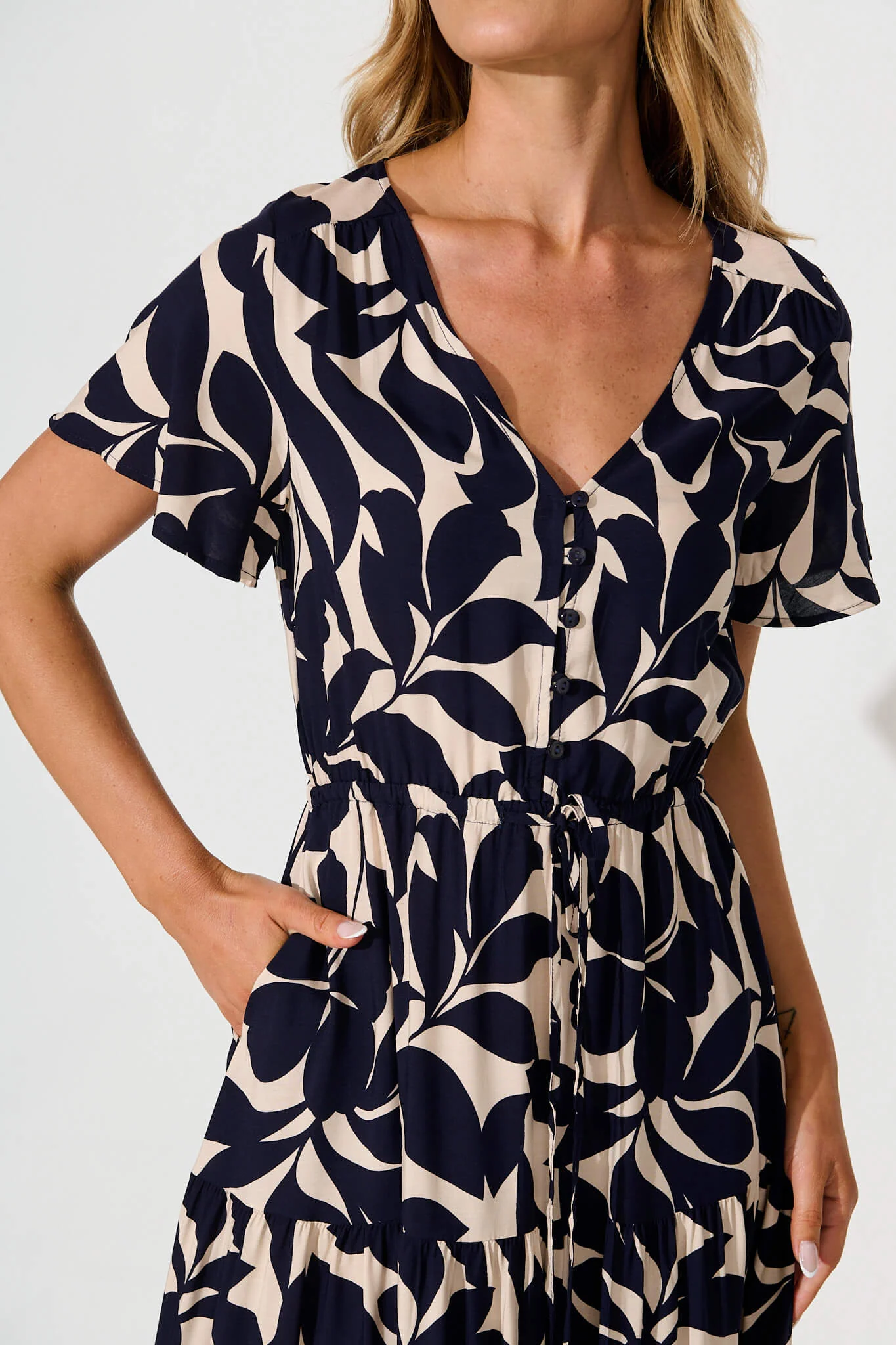 Laconia Midi Dress In Navy Leaf With Ric Rac Trim - Image 5